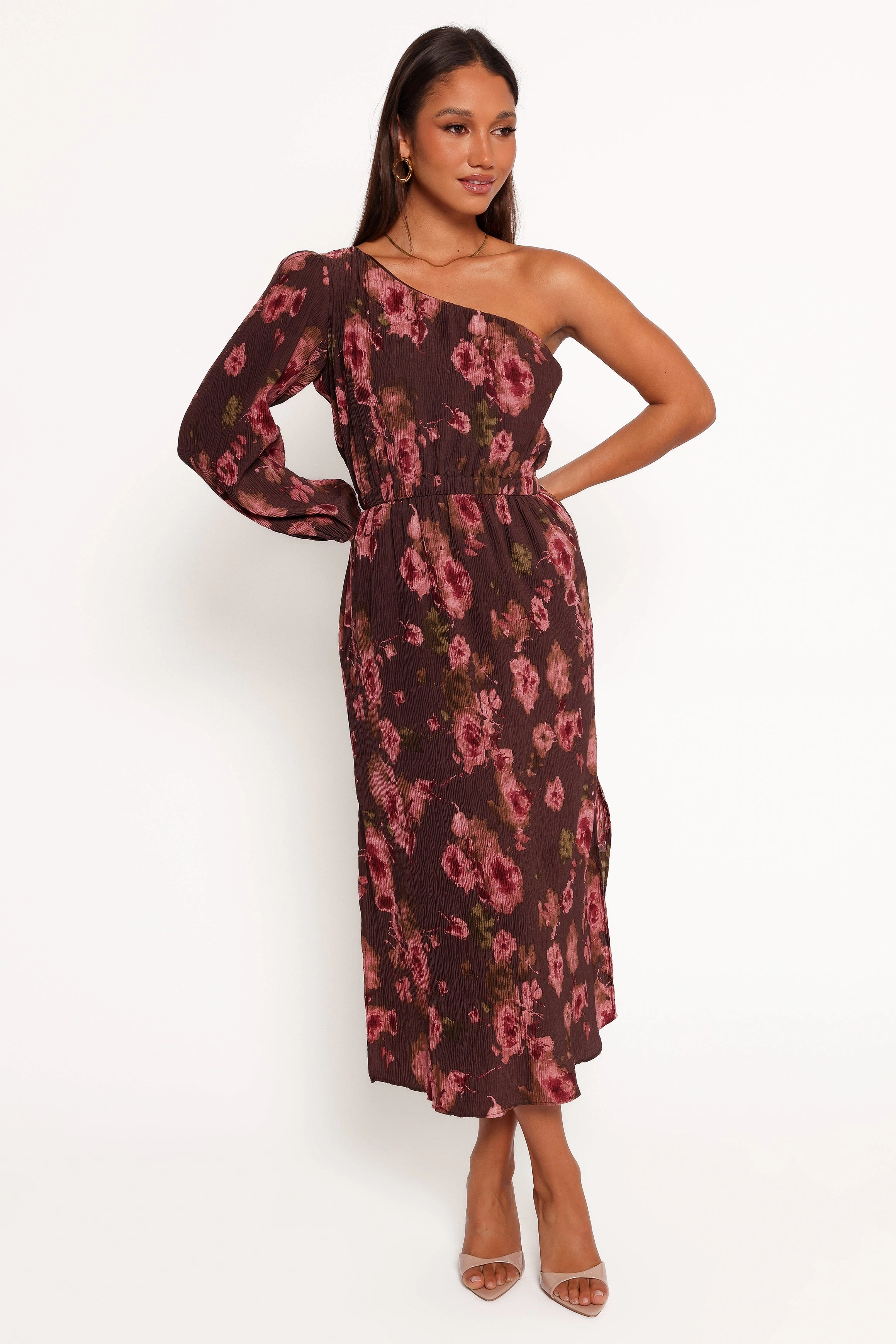 Brunch Outfit Light Silhouette Pontee One Shoulder Pleated Midi Dress - Chocolate Brown