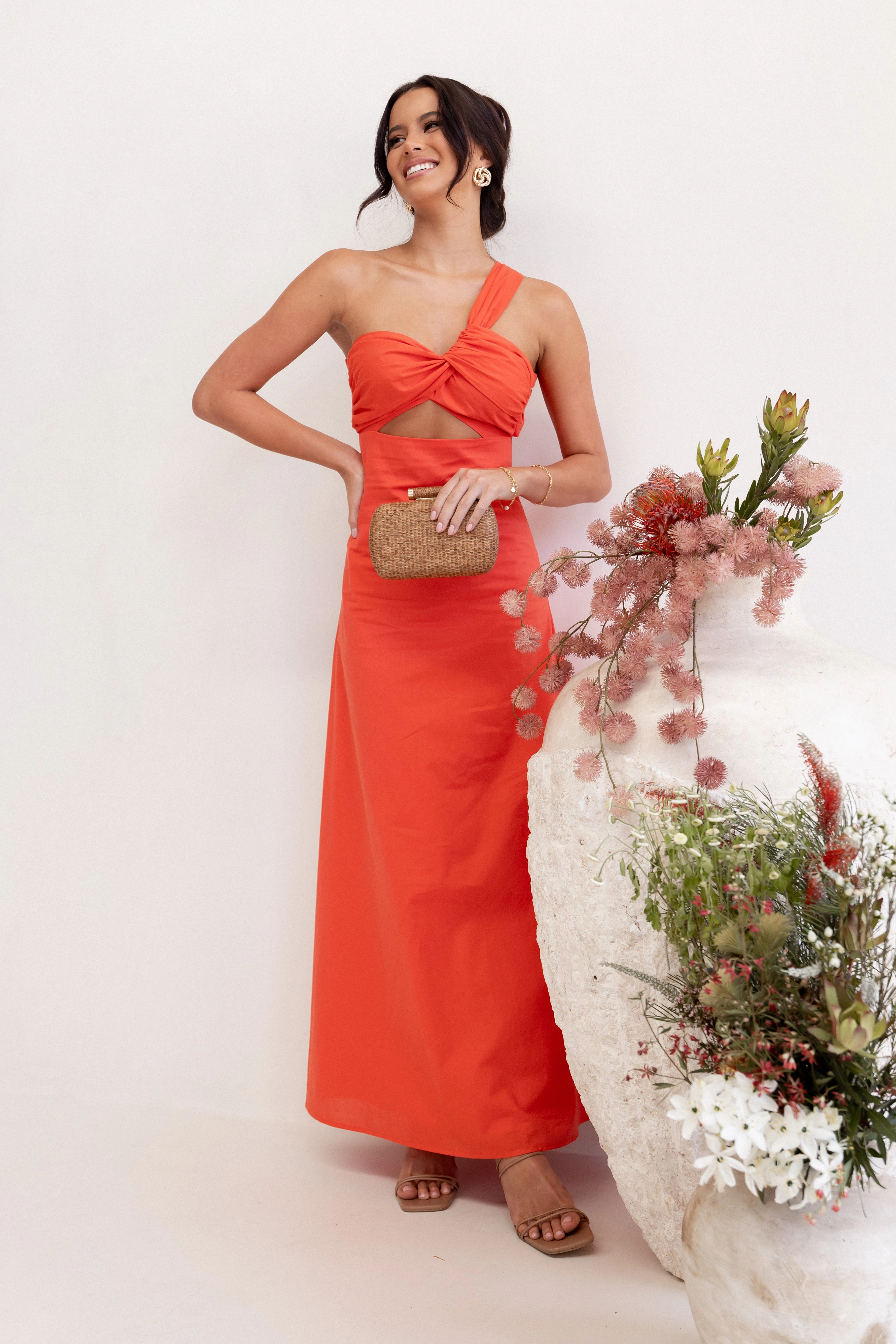 Vibrant Form Lightweight-Layer Luna One Shoulder Maxi Dress - Tangerine