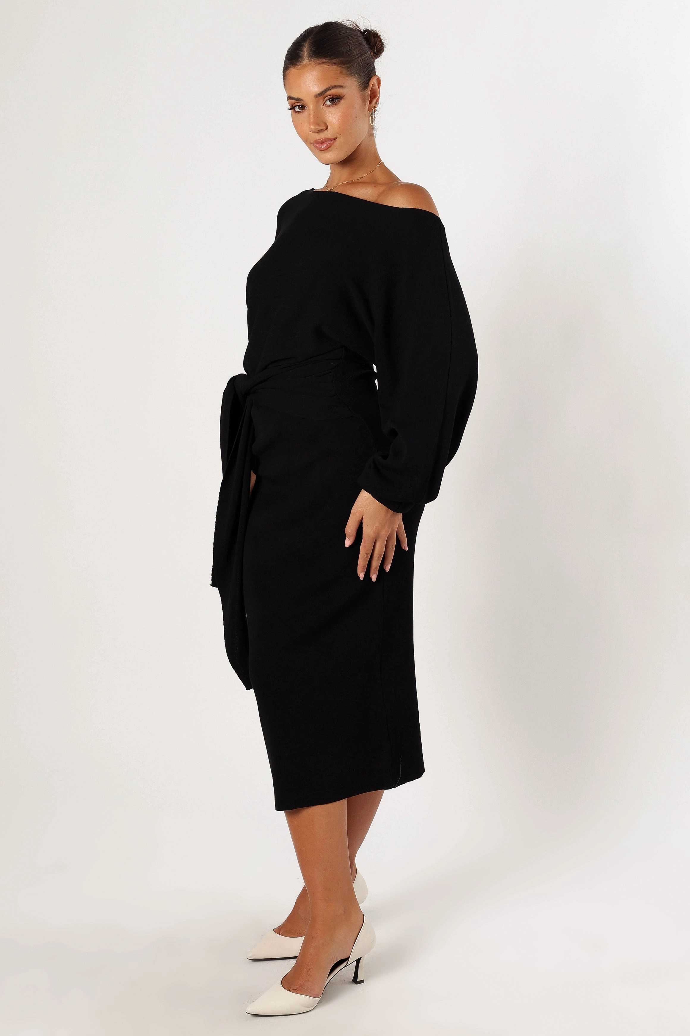 Prancer Off Shoulder Midi Dress - Black Office Smart