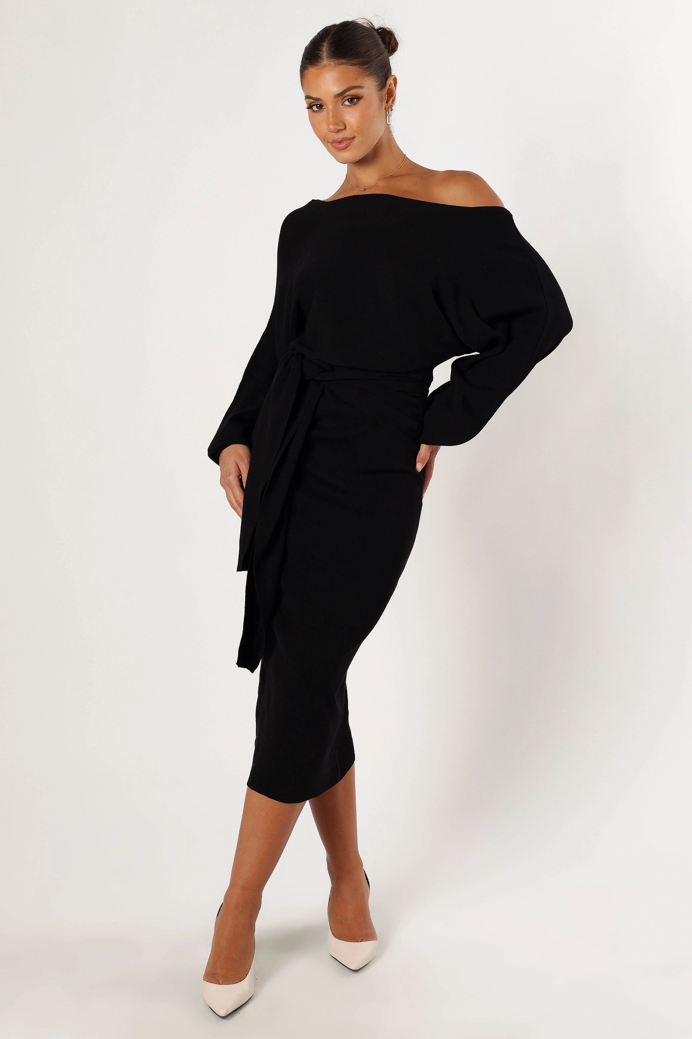 Soft Hue Neutral Base Prancer Off Shoulder Midi Dress - Black