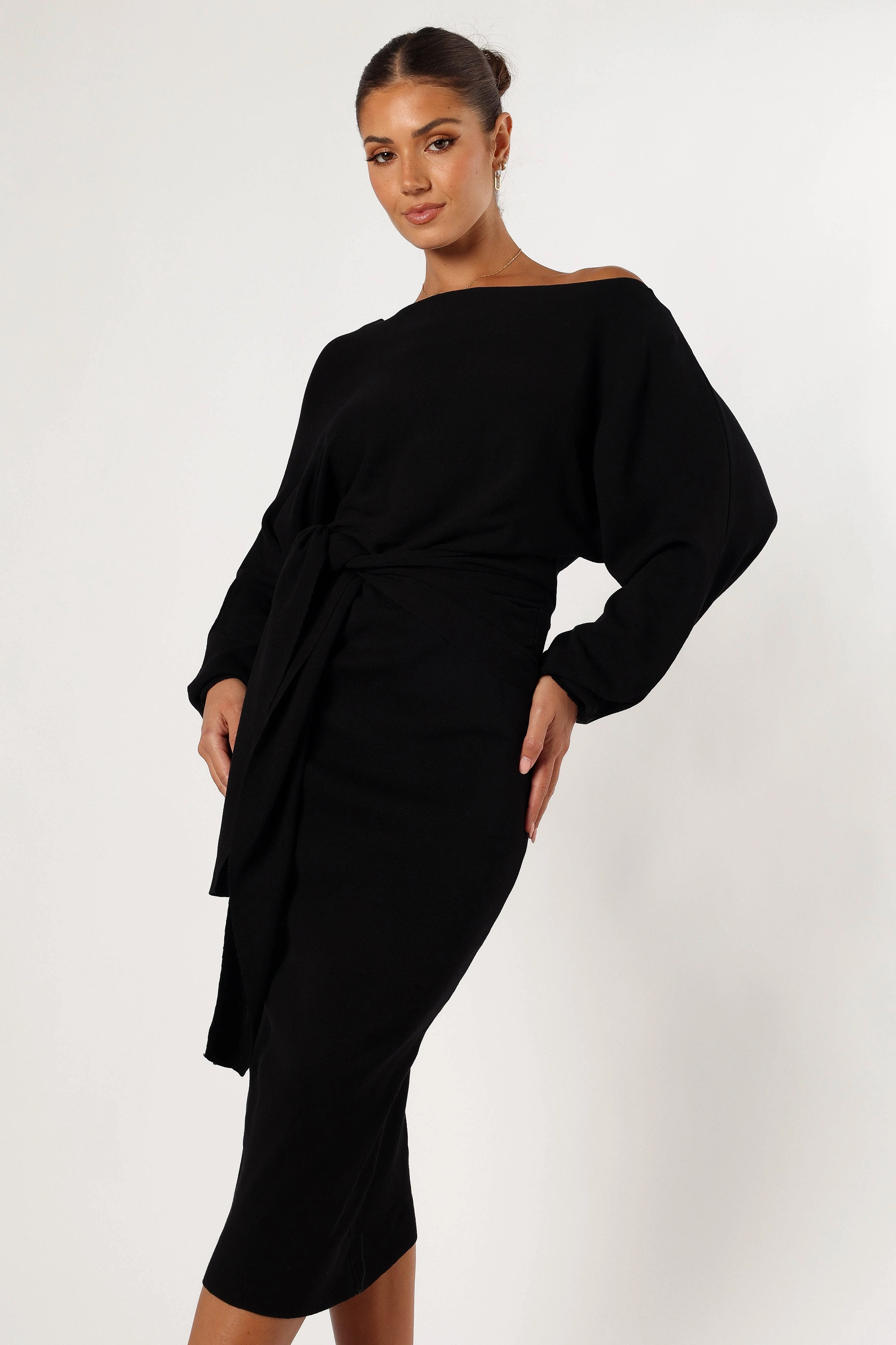 Prancer Off Shoulder Midi Dress - Black Contemporary Fit Comfortable shift dress