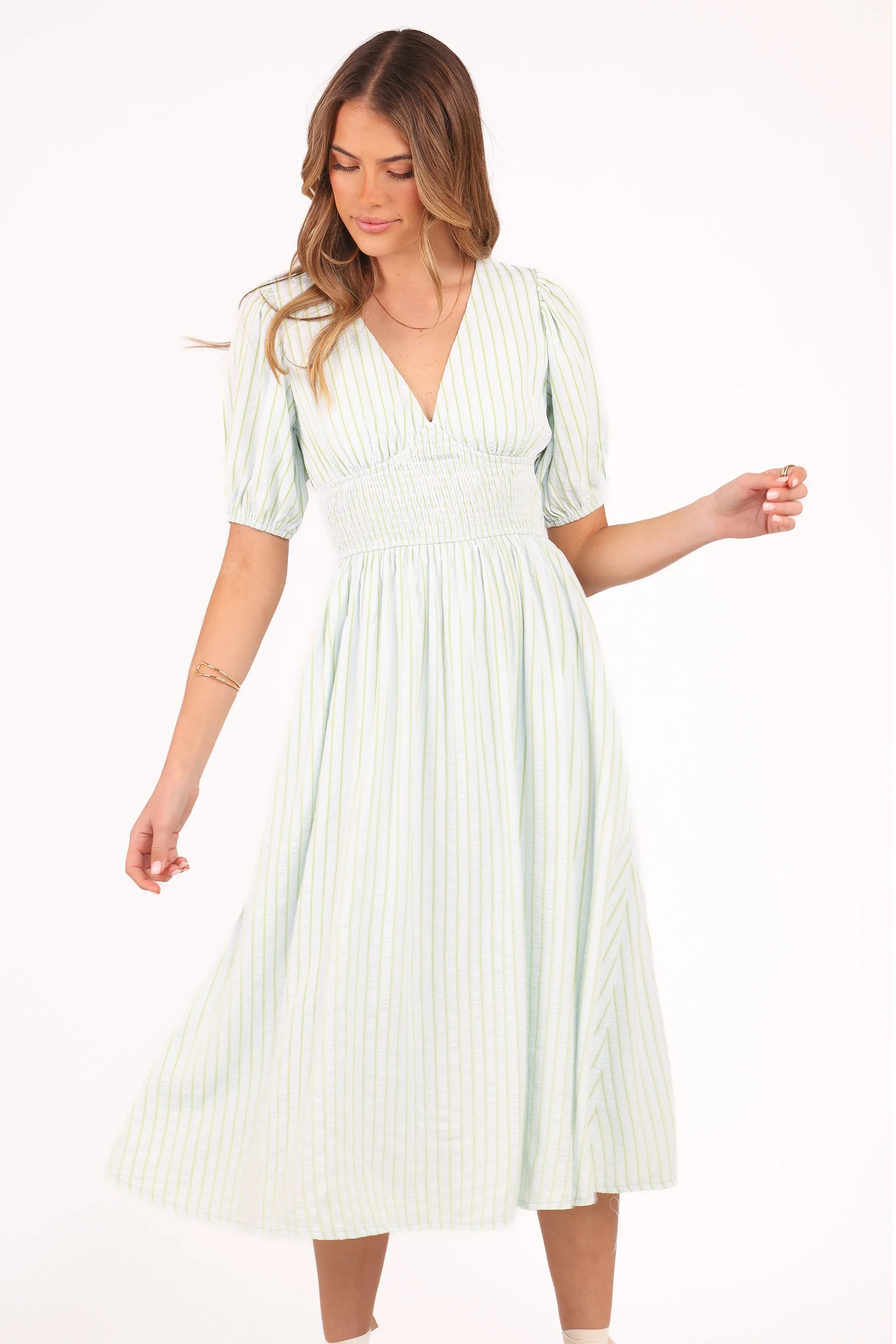 Ronnie Short Sleeve Midi Dress - Green Blue Stripe NonChafeSeams