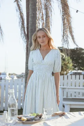 Mermaid-Hem Minimalist Waistband Ronnie Short Sleeve Midi Dress - Green Blue Stripe