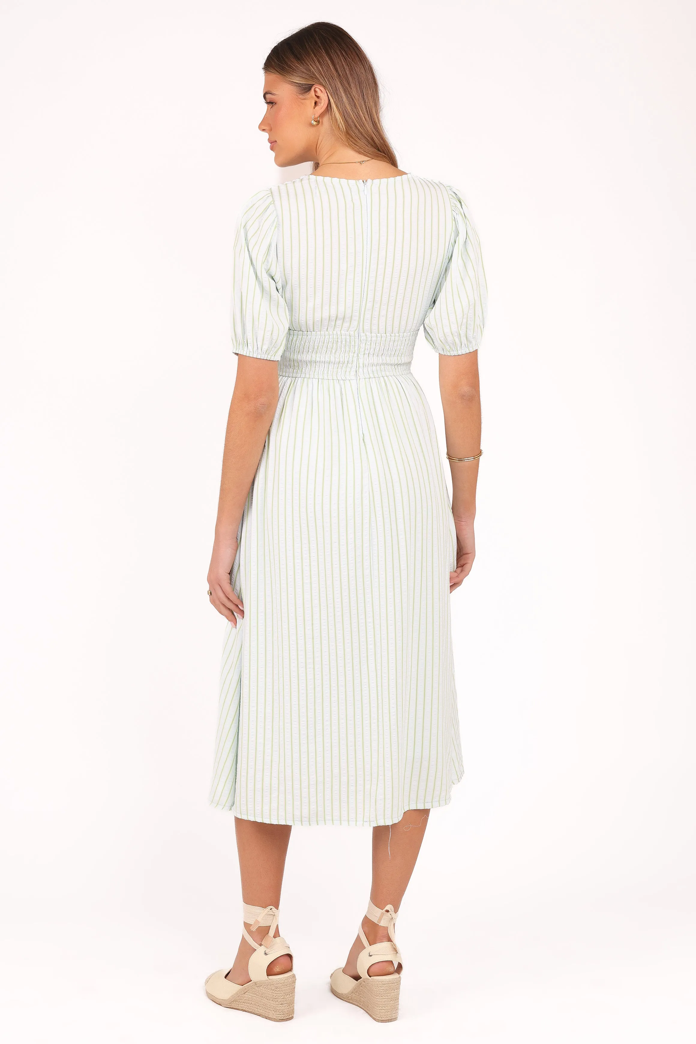 Ronnie Short Sleeve Midi Dress - Green Blue Stripe Delicate Mood