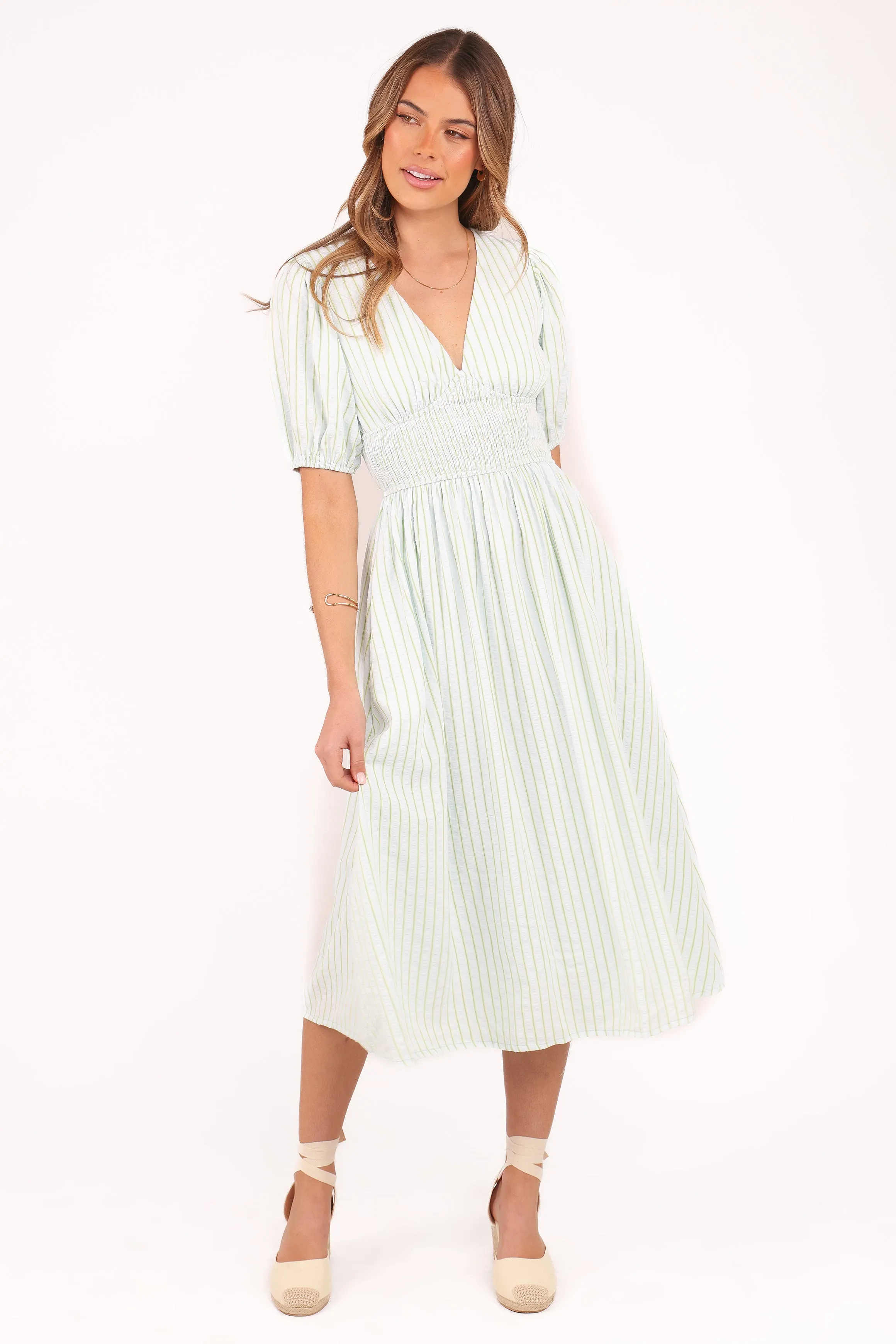 Ronnie Short Sleeve Midi Dress - Green Blue Stripe Hook-And-Eye