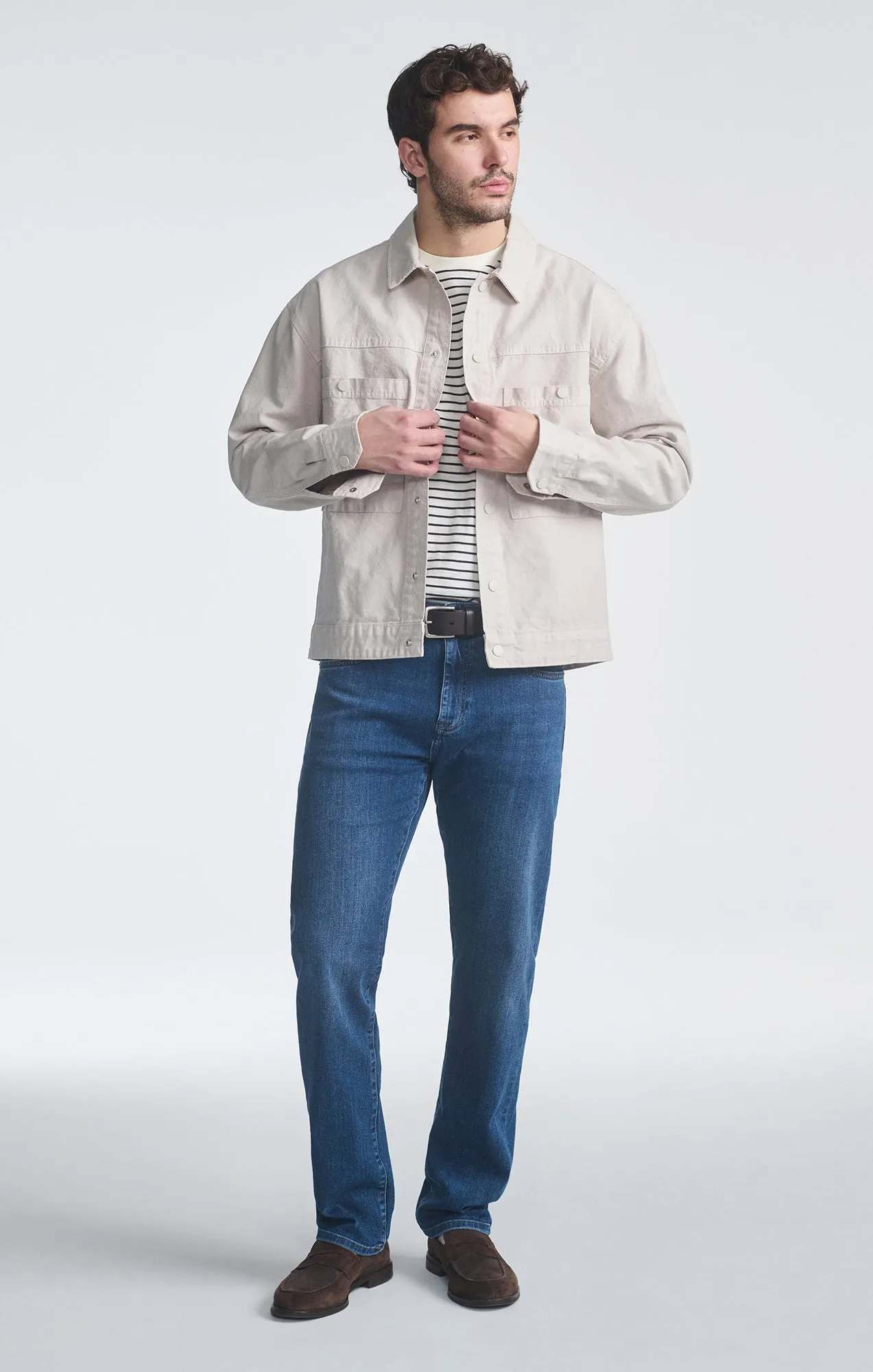 DOUBLE POCKET OVERSHIRT IN PELICAN Beach Attire Chambray Fabric