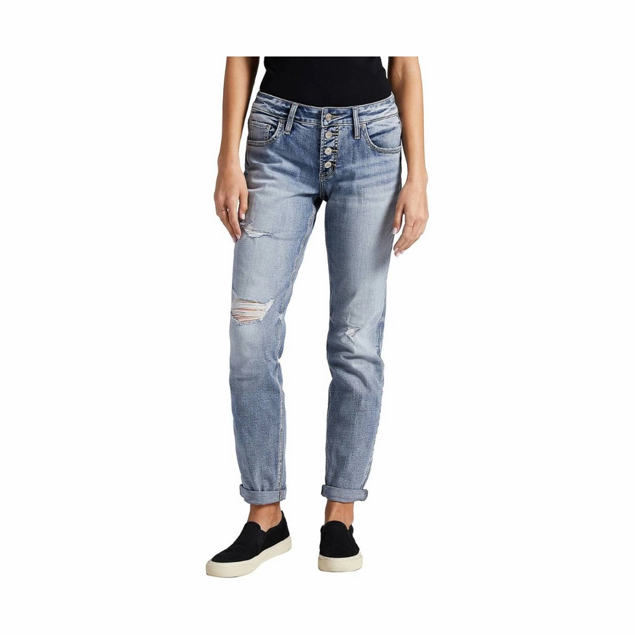 Casual Morning Stroll Easy Pair Silver Jeans Co. Women's Boyfriend Mid Rise Slim Leg Jean - Indigo