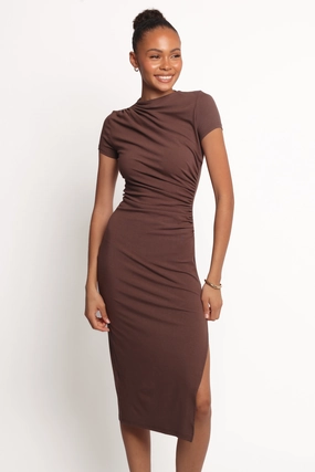 Lioren Midi Dress - Brown flowy style Silky Drape