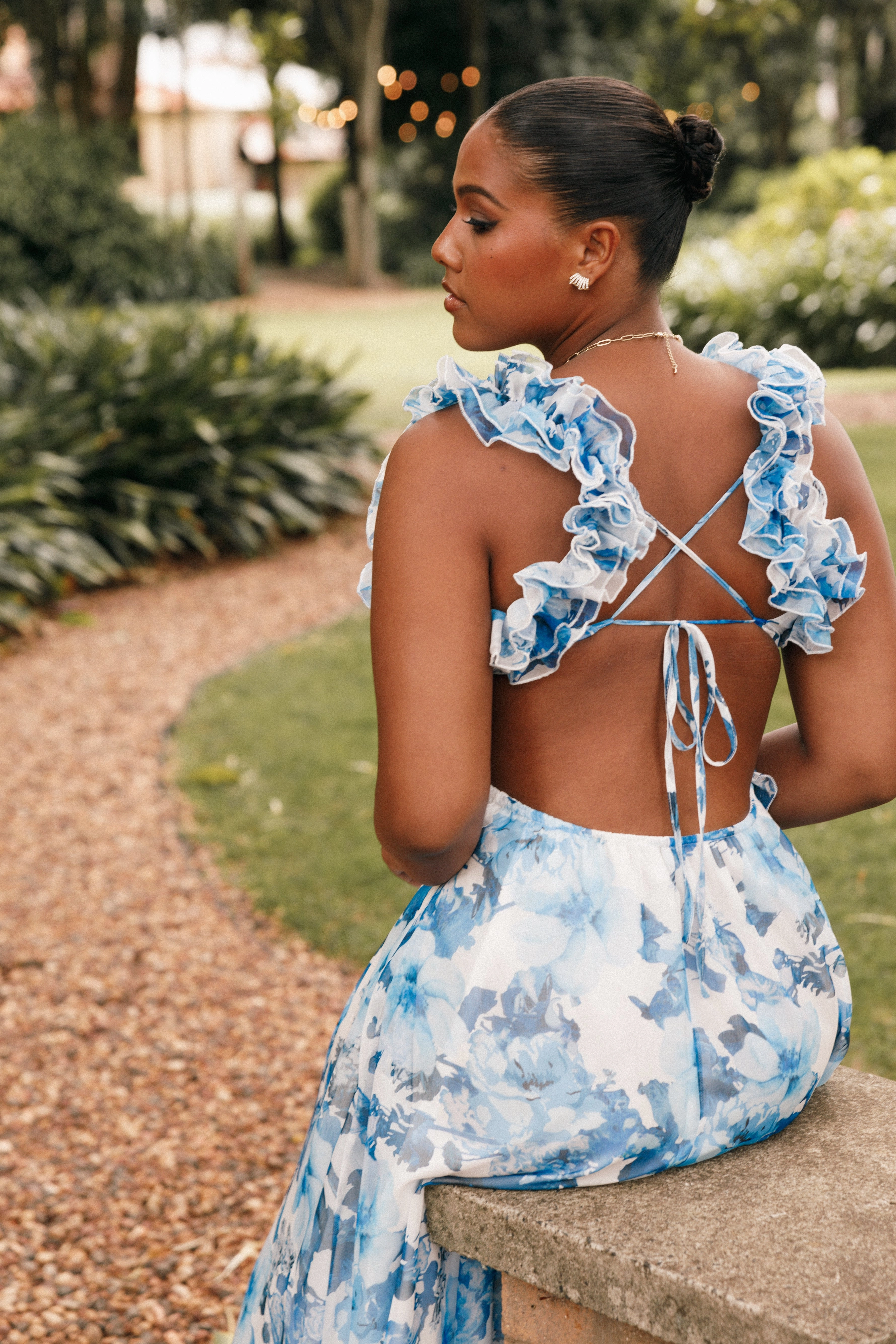 Lucah Frill Shoulder Maxi Dress - Blue White Floral Layered-Look