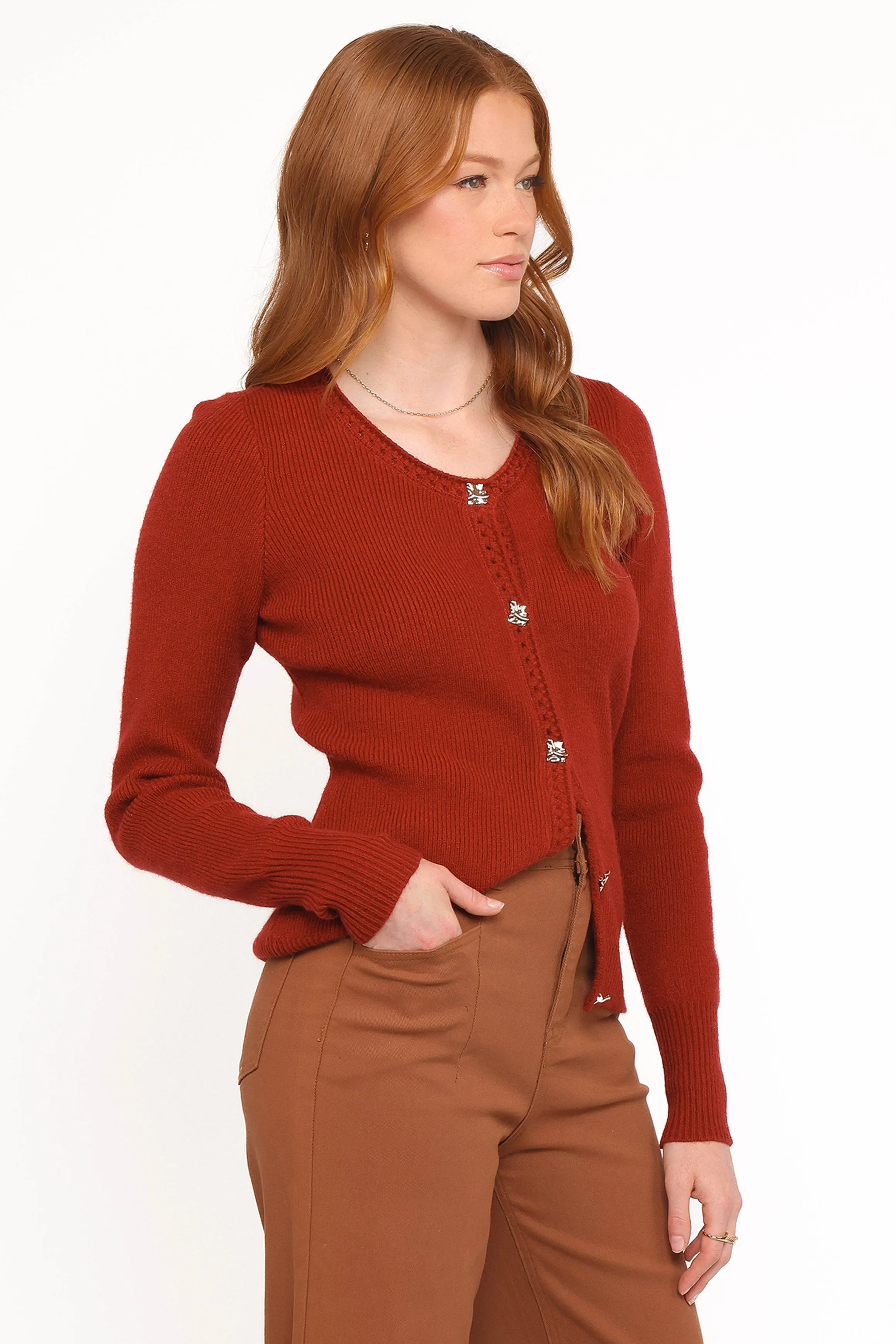 Non Irritating Edging Layered Knit Structure Quay Button Front Cardigan - Red