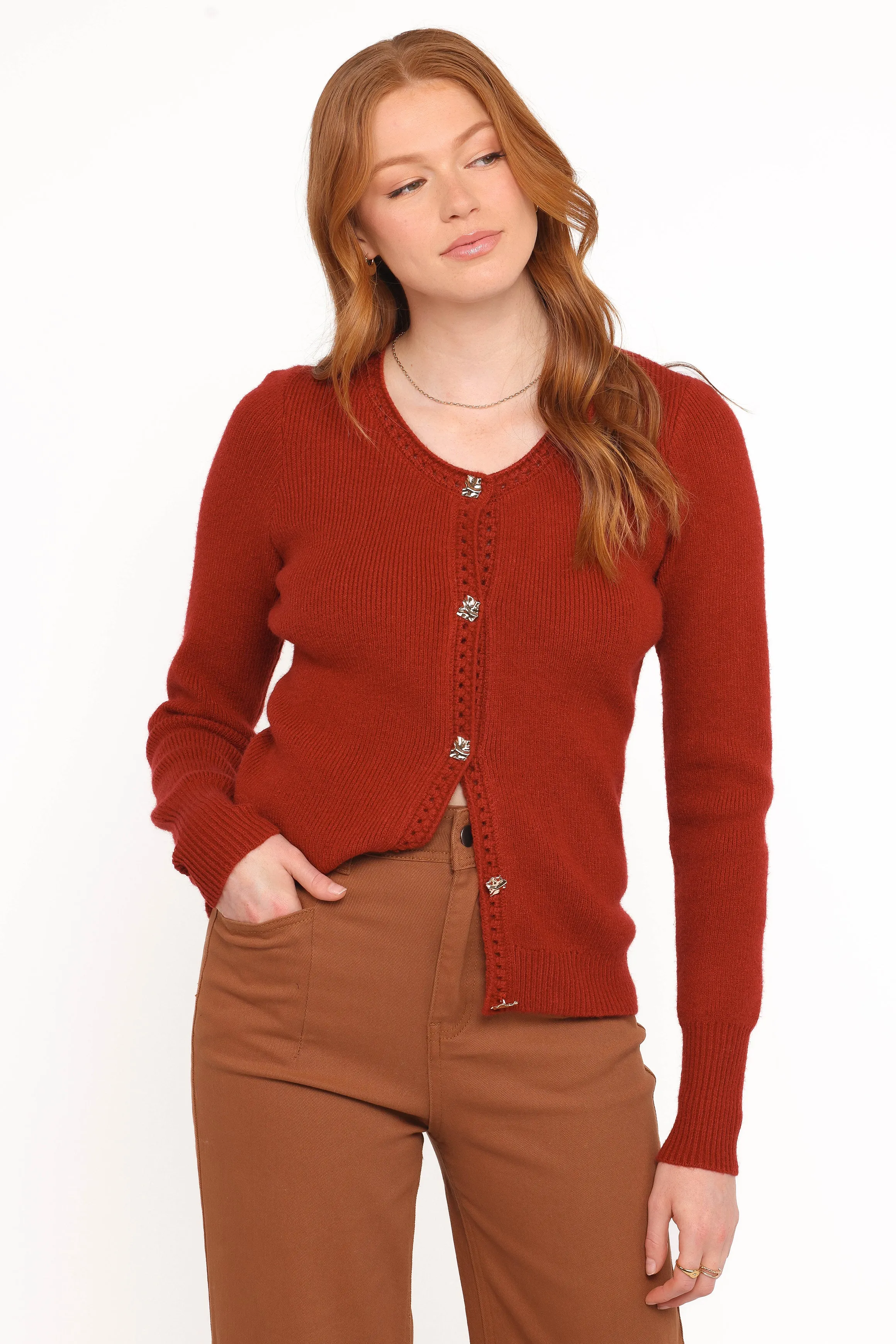 Flexible Side Gusset Quay Button Front Cardigan - Red