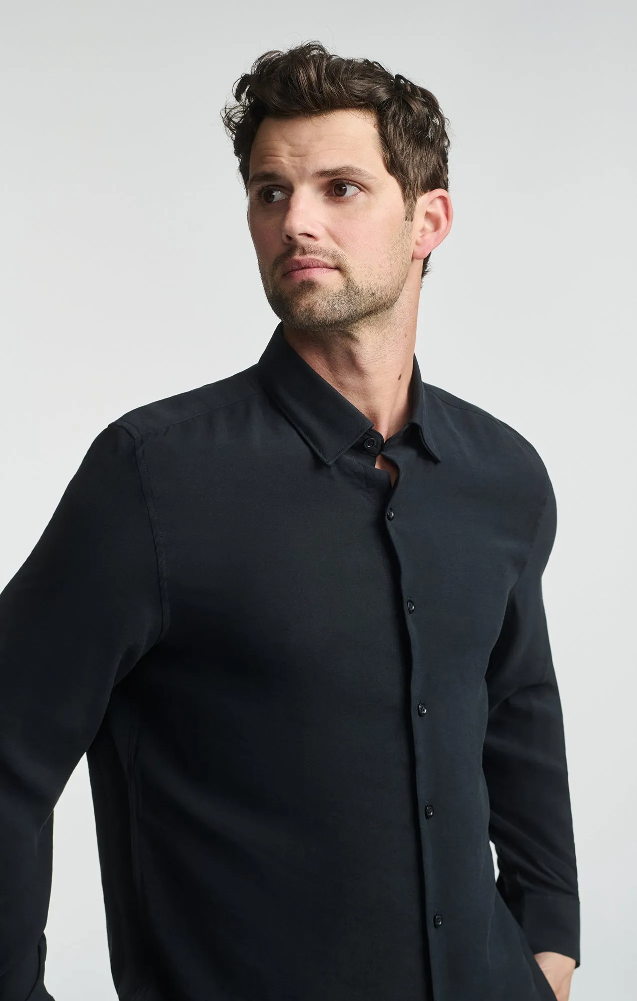 Monochrome Palette Multi Layer Stitching LONG SLEEVE BUTTON-UP SHIRT IN BLACK