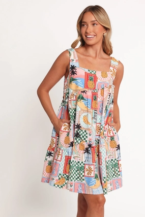 High-Neck Soft Draping Rafaela Mini Dress - Off White Multi