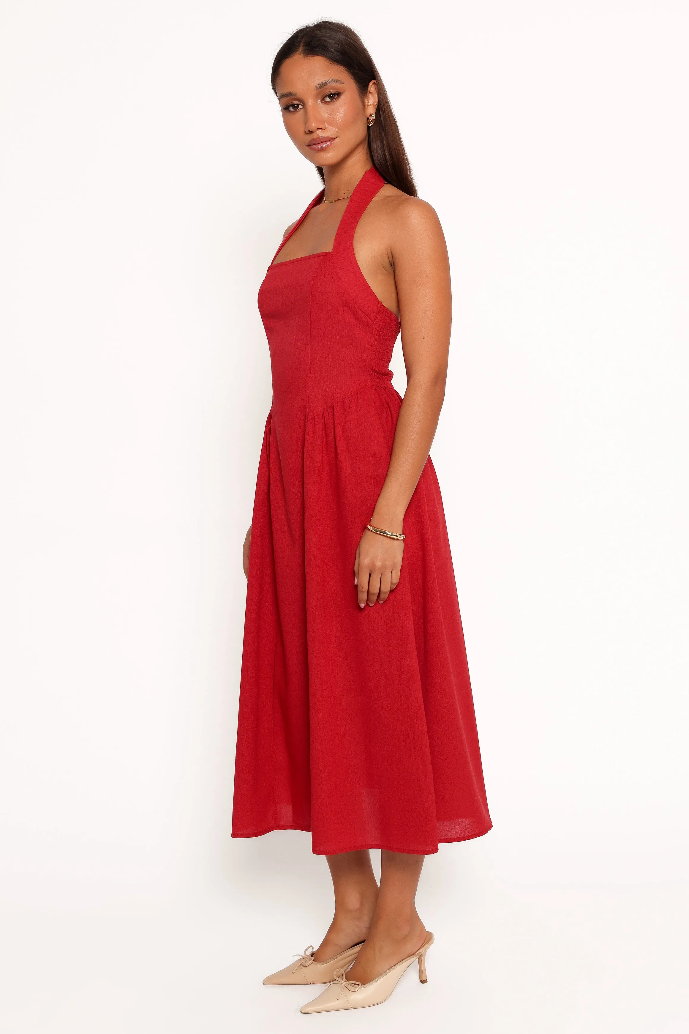 Ramona Halterneck Midi Dress - Red Tie-Detail