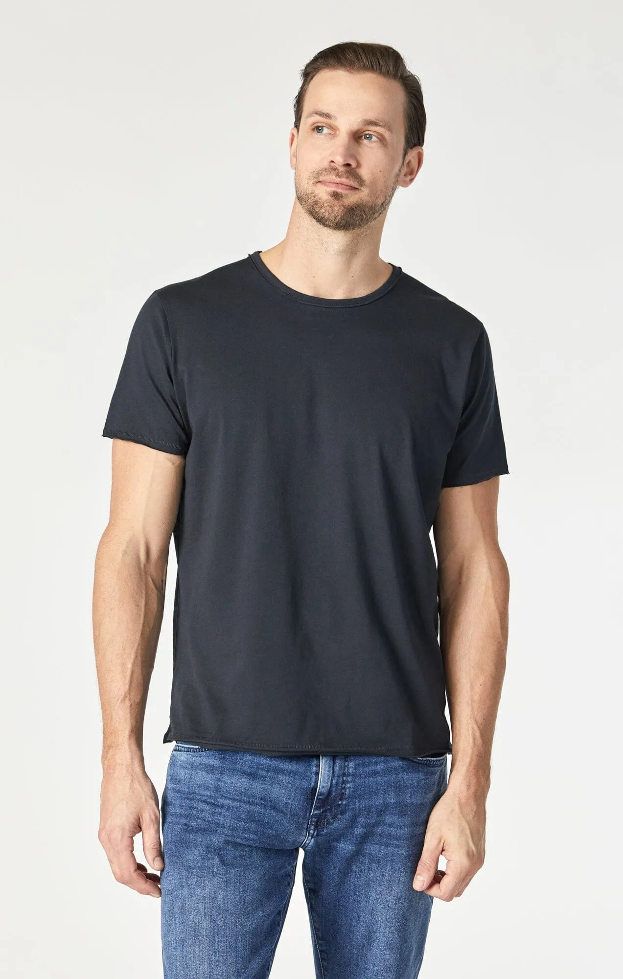 RAW EDGE NECK T-SHIRT IN BLACK Quick Dry Fabric