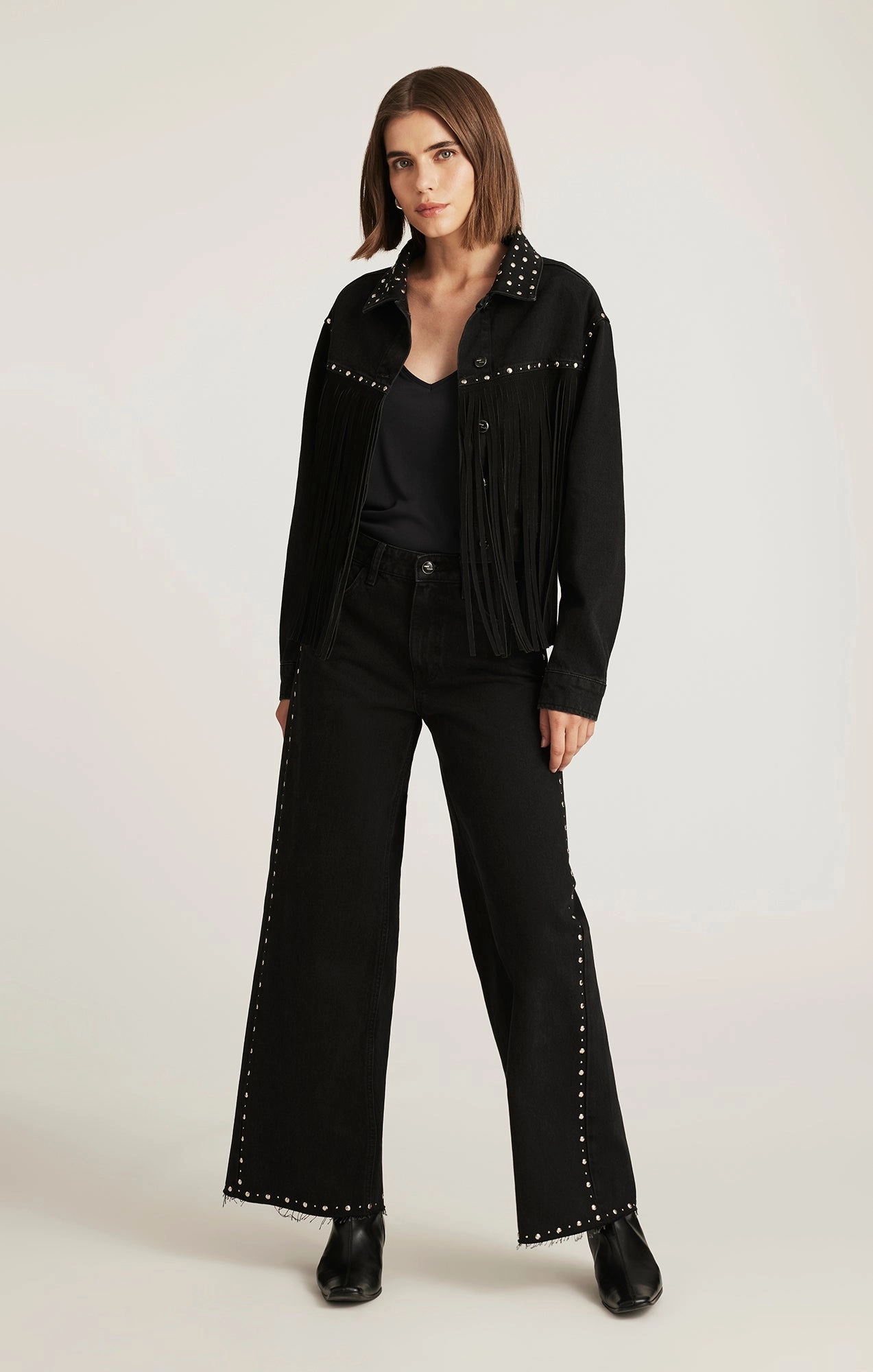 Reliable Layer Garment Dyed Texture REBECCA WIDE LEG IN STUDDED SMOKE DENIM