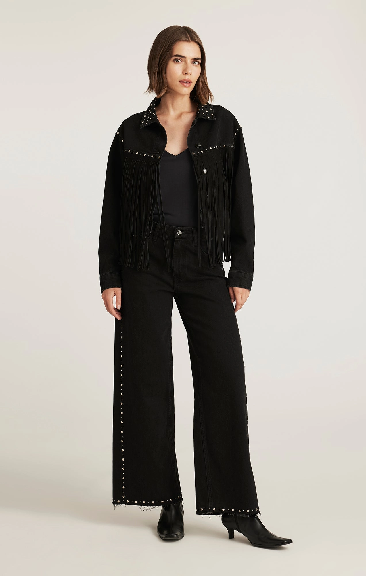 Clean Fit Fashion Lover Classic Wear Modern Minimalist REBECCA WIDE LEG IN STUDDED SMOKE DENIM