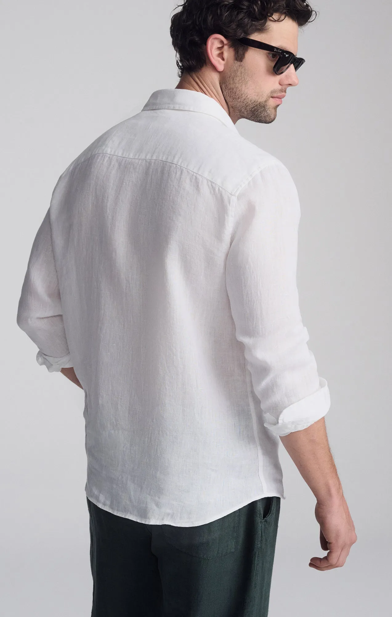 Coffee Run Organic Cotton LINEN LONG SLEEVE BUTTON-UP SHIRT IN WHITE