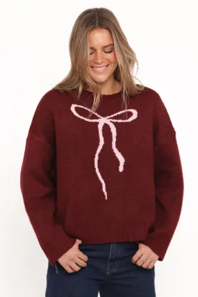 Anti Pilling Kaori Bow Sweater - Burgundy