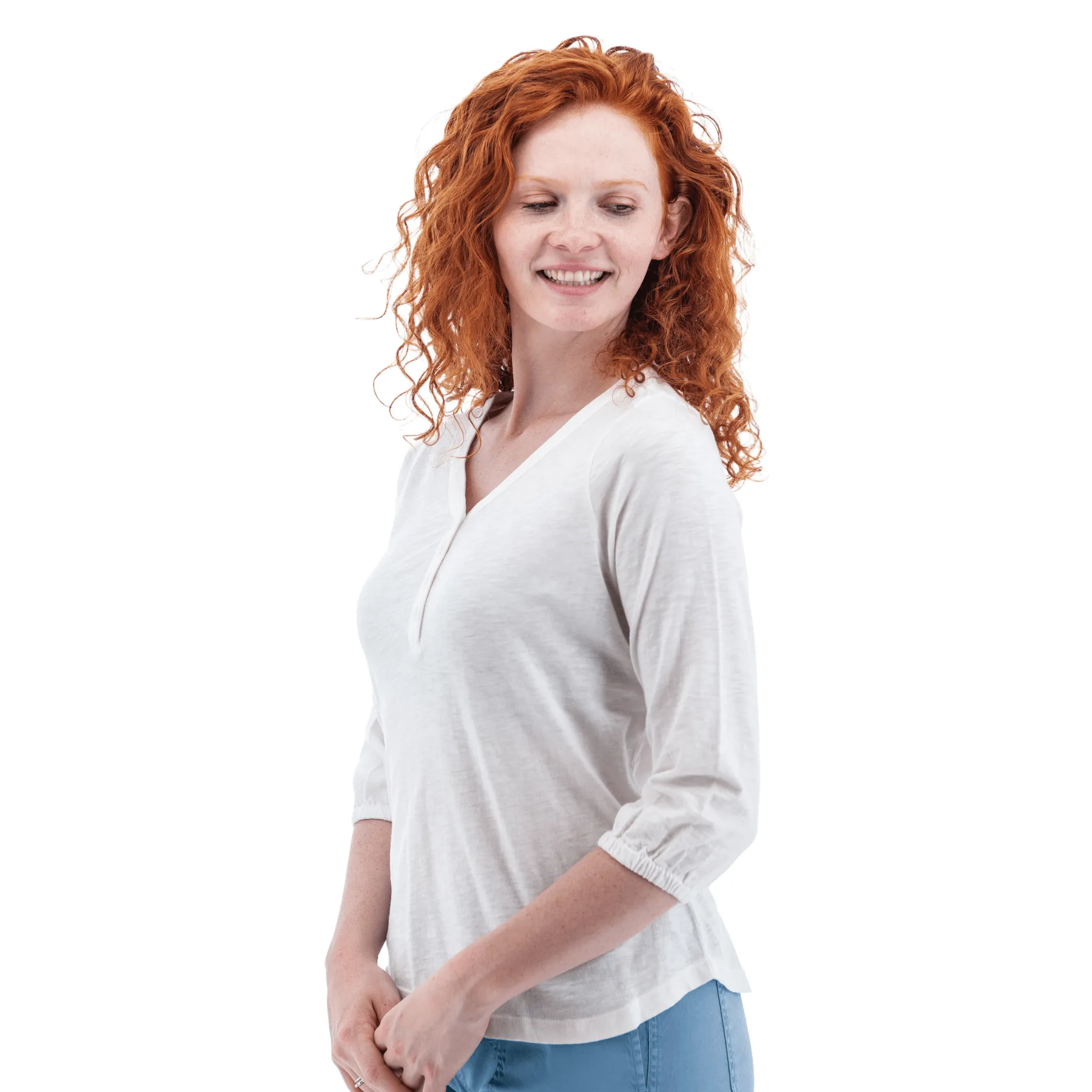 Old Ranch Women's Este Organic Cotton V Neck Henley Top - White NonRestrictiveCollar Minimalist Collar