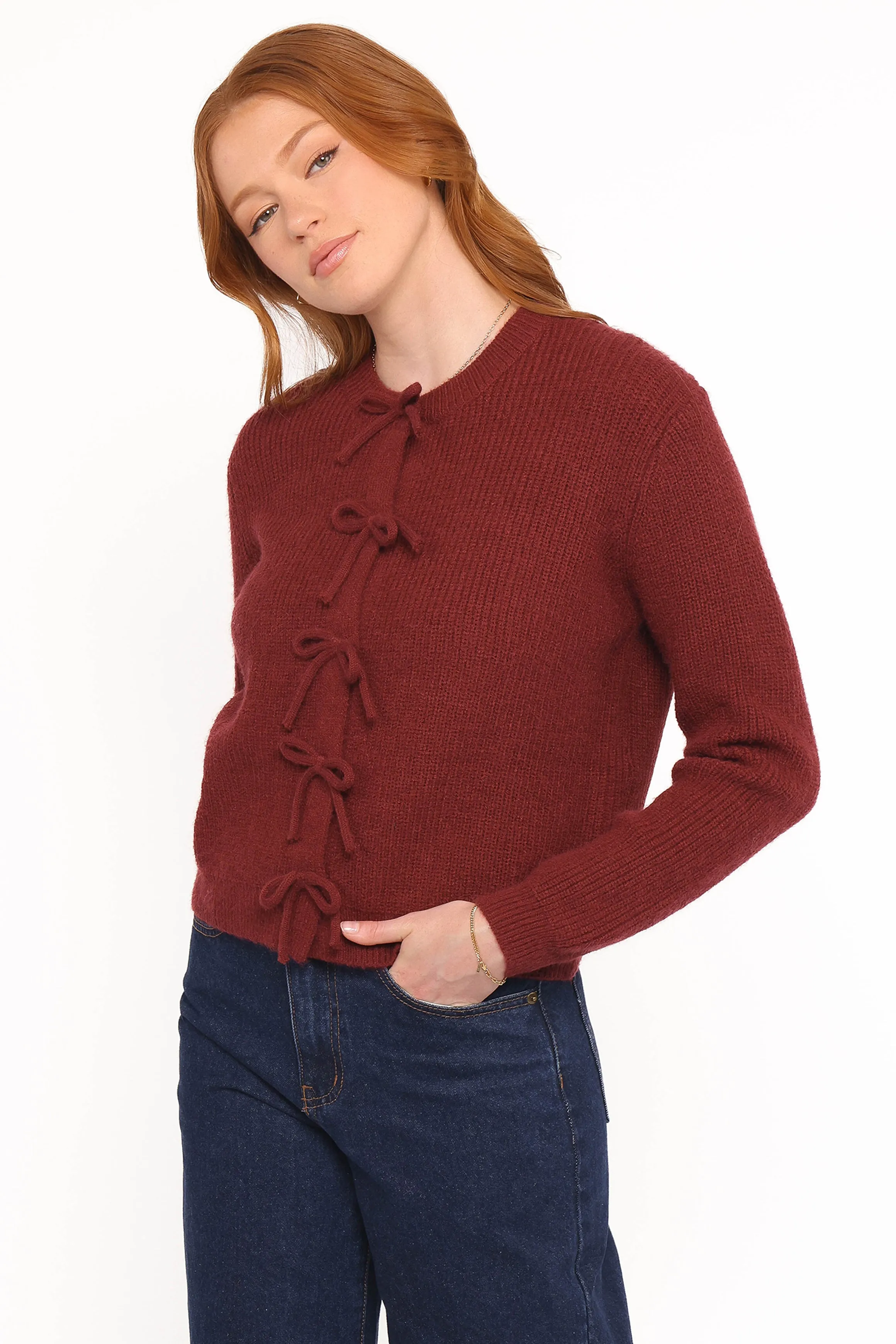 Wilde Bow Front Cardigan - Burgundy Morning Wear Chill Vibe