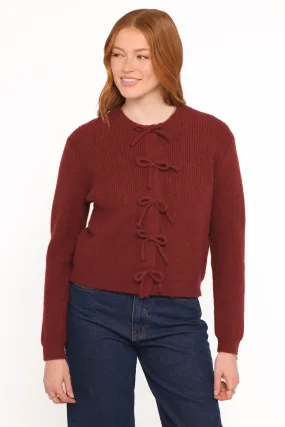 Wilde Bow Front Cardigan - Burgundy smooth zipper Moisture Wicking Technology