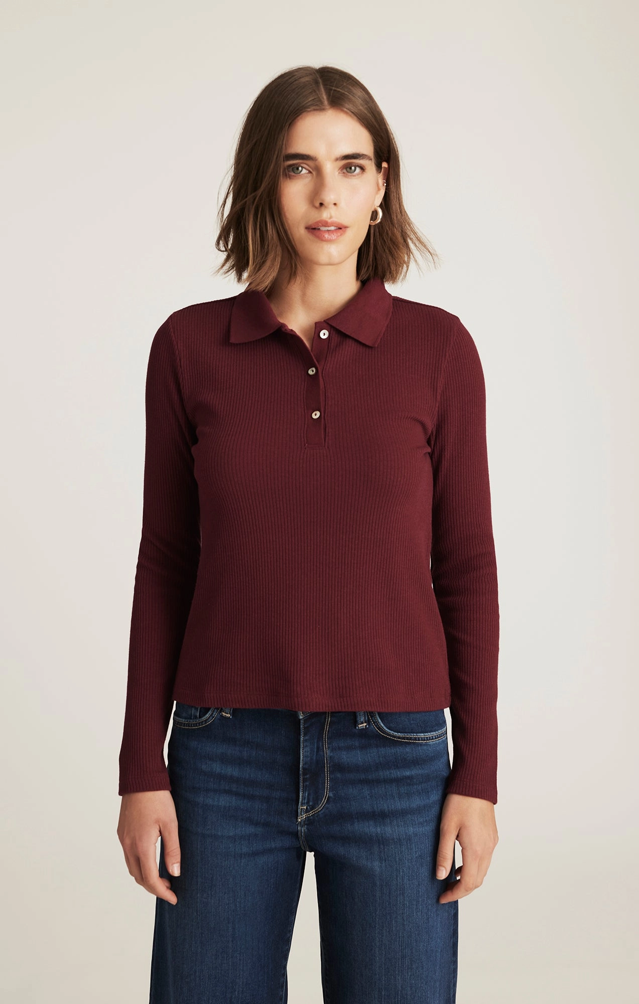 Versatile Wearable Essential Wardrobe LONG SLEEVE POLO T-SHIRT IN ZINFANDEL