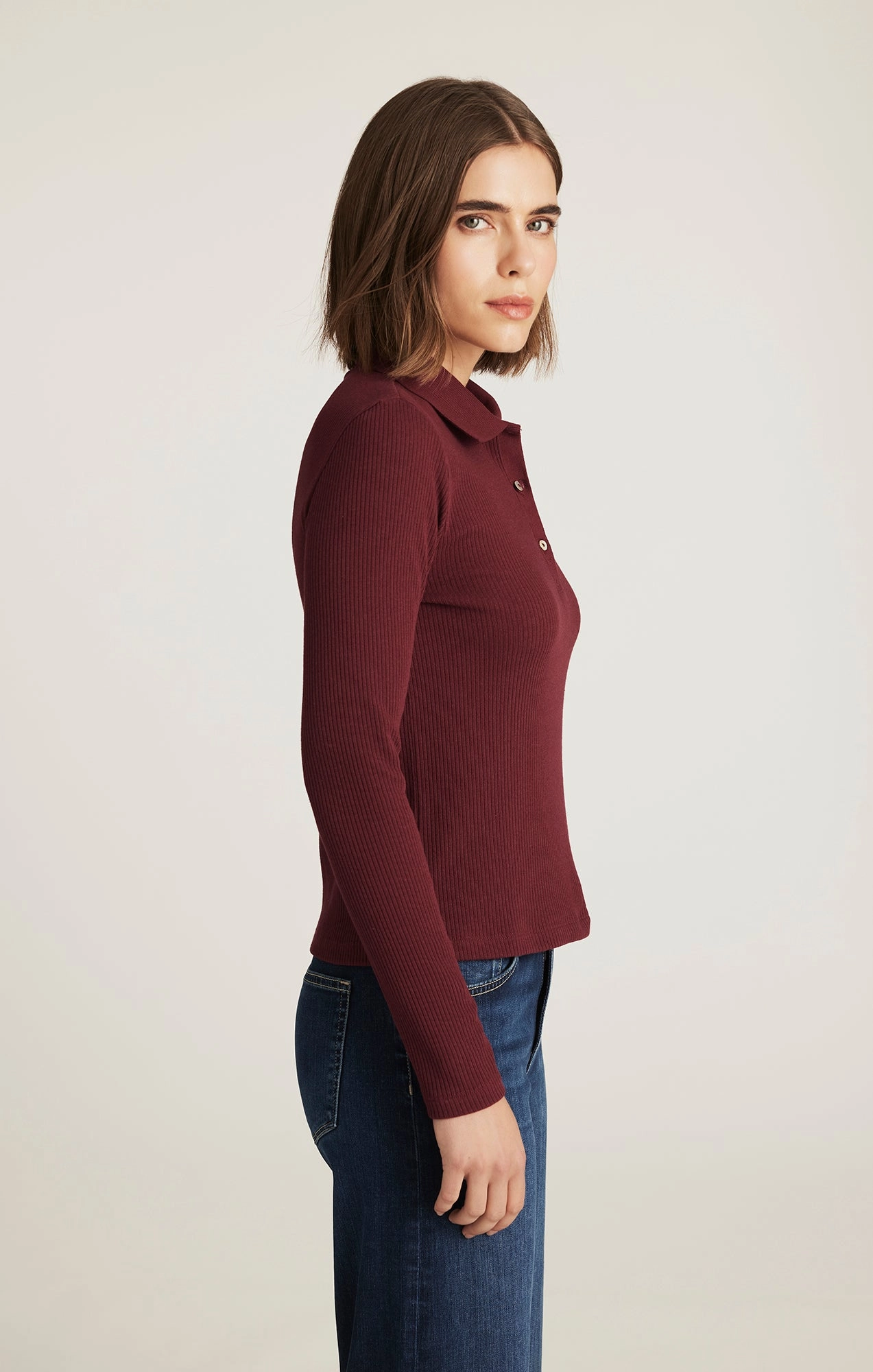 LONG SLEEVE POLO T-SHIRT IN ZINFANDEL Comfy Fit Wear Flexible Shoulder Seams
