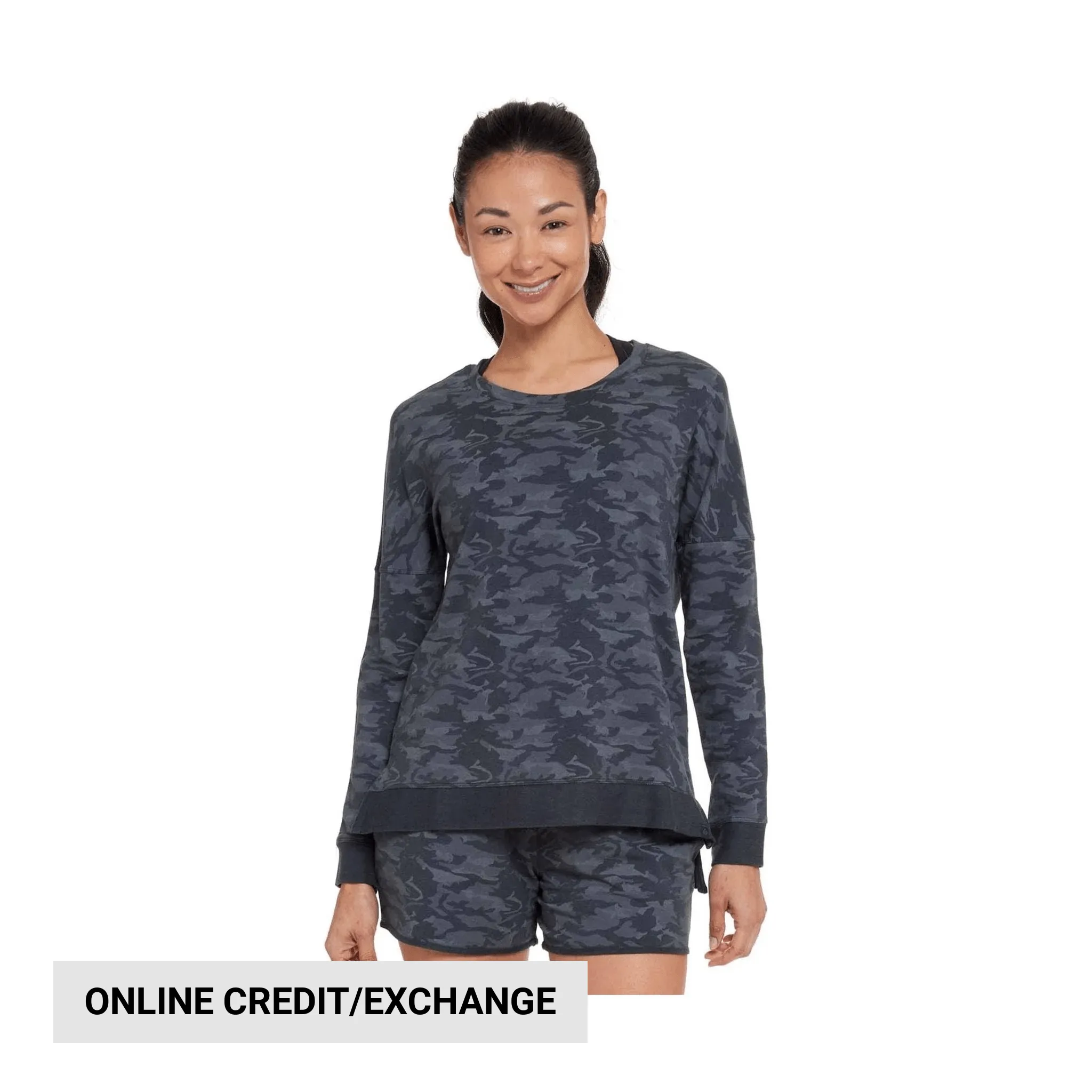 Tasc Women's Riverwalk French Terry Casual Sweatshirt - Gunmetal Camo Trendy Streetwear scarf accents