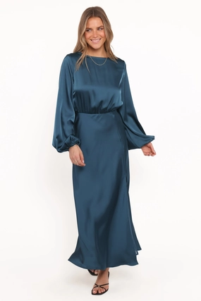 Soft Pleats All-Season Comfort Remora Long Sleeve Midi Dress - Teal