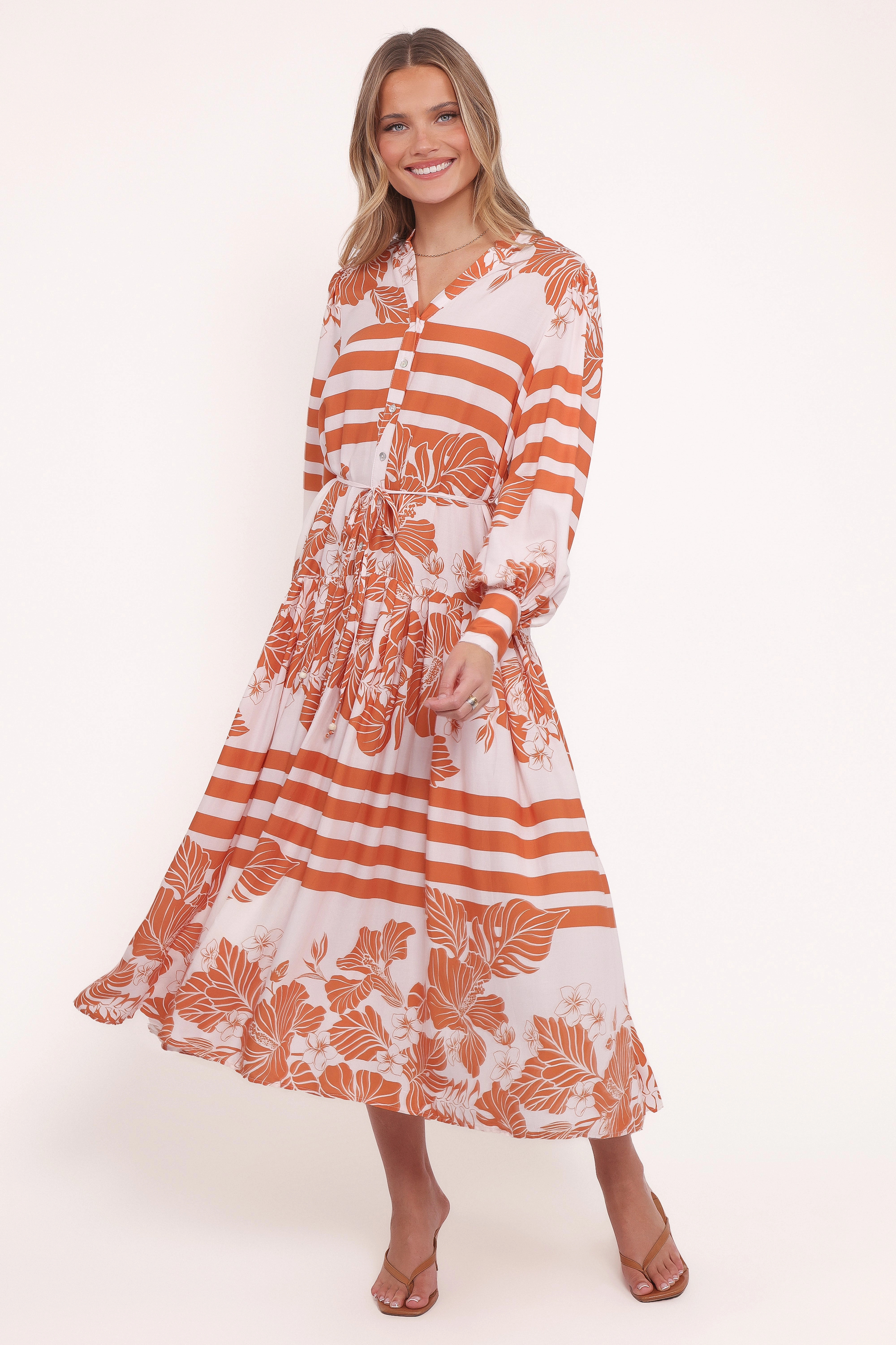 Jules Long Sleeve Dress - White/Orange Moment Light
