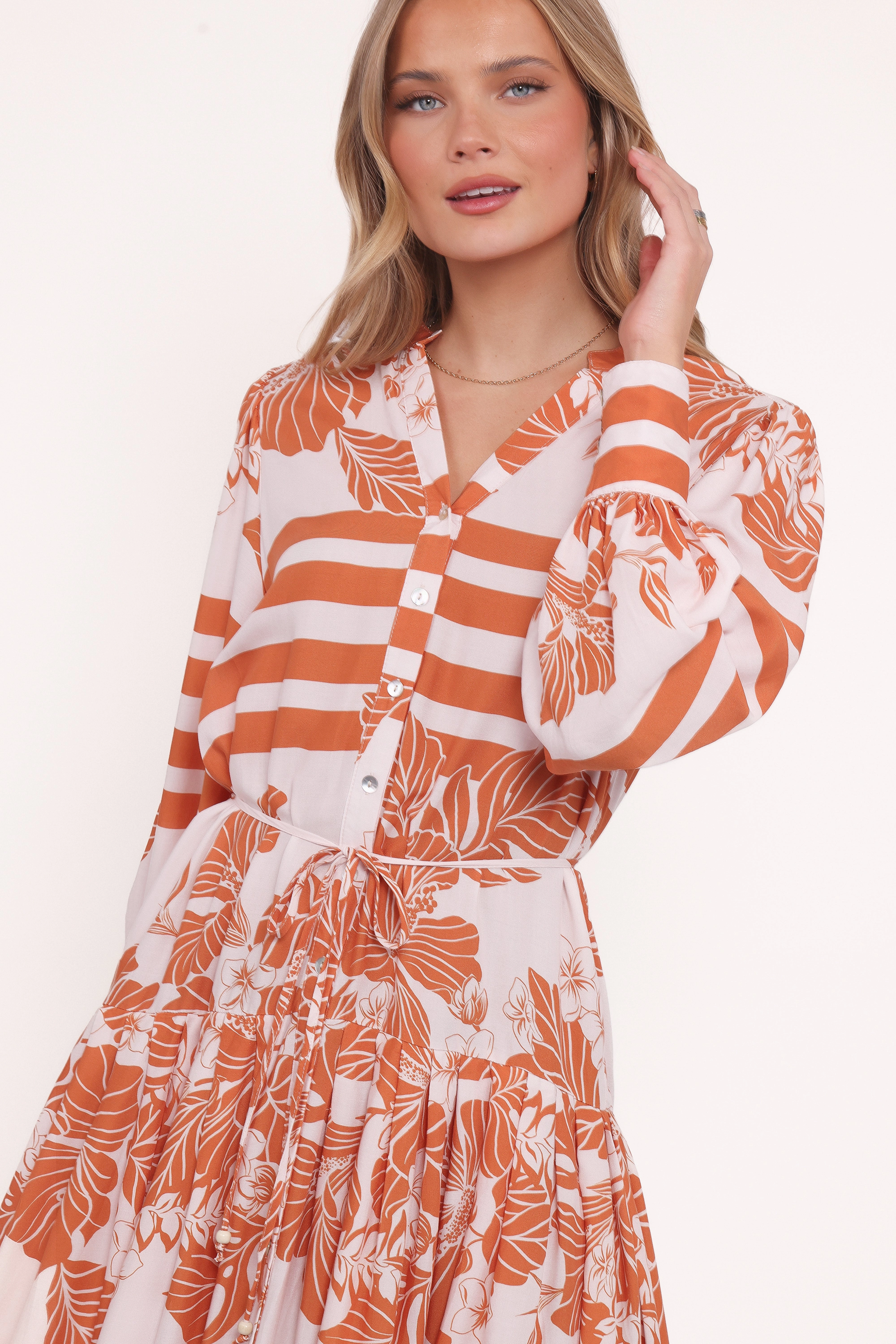 Jules Long Sleeve Dress - White/Orange Breathable Wearable