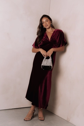 Ricki Velvet Maxi Dress - Wine Smooth Drape Floor-Length