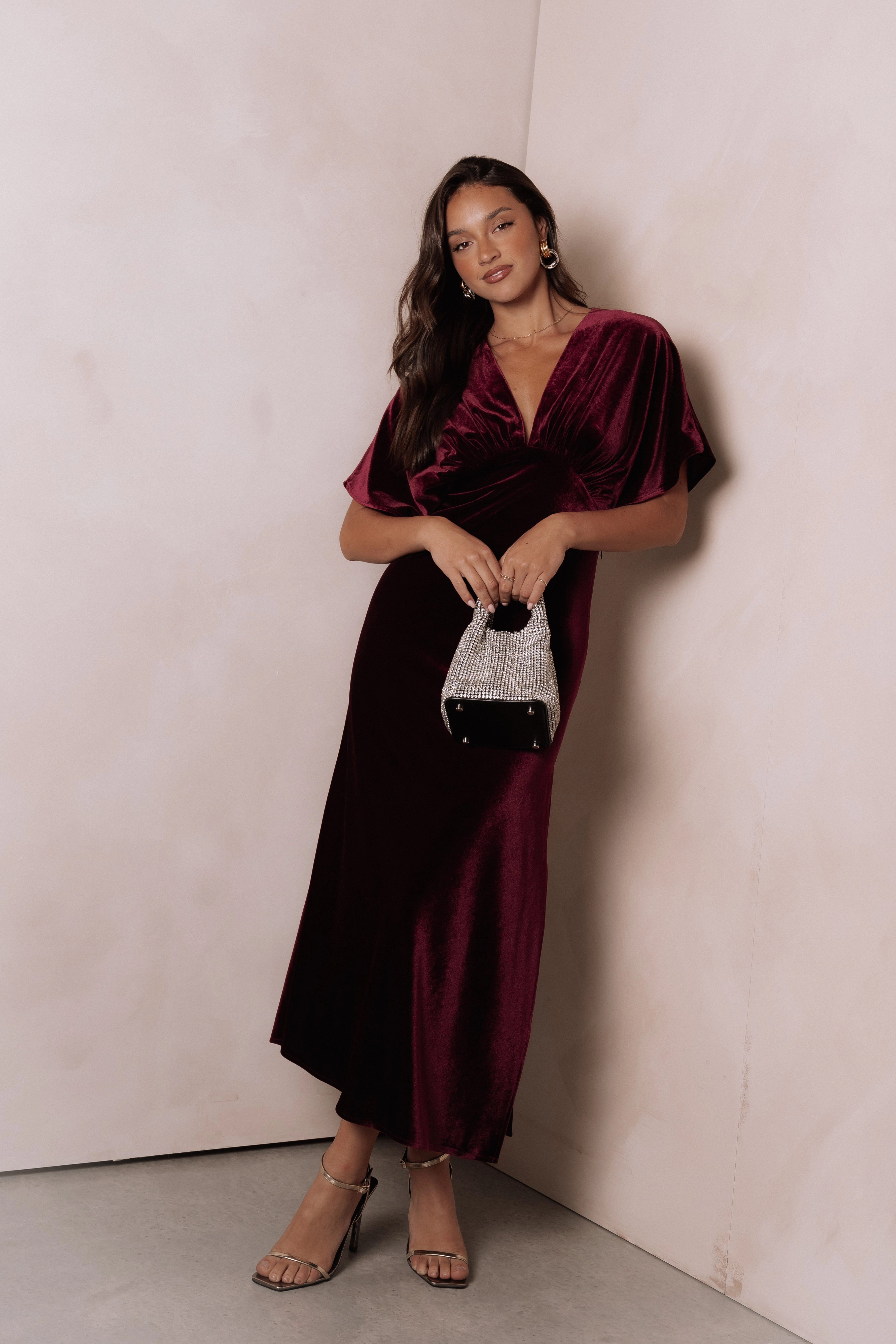 Ricki Velvet Maxi Dress - Wine Smooth Drape Floor-Length