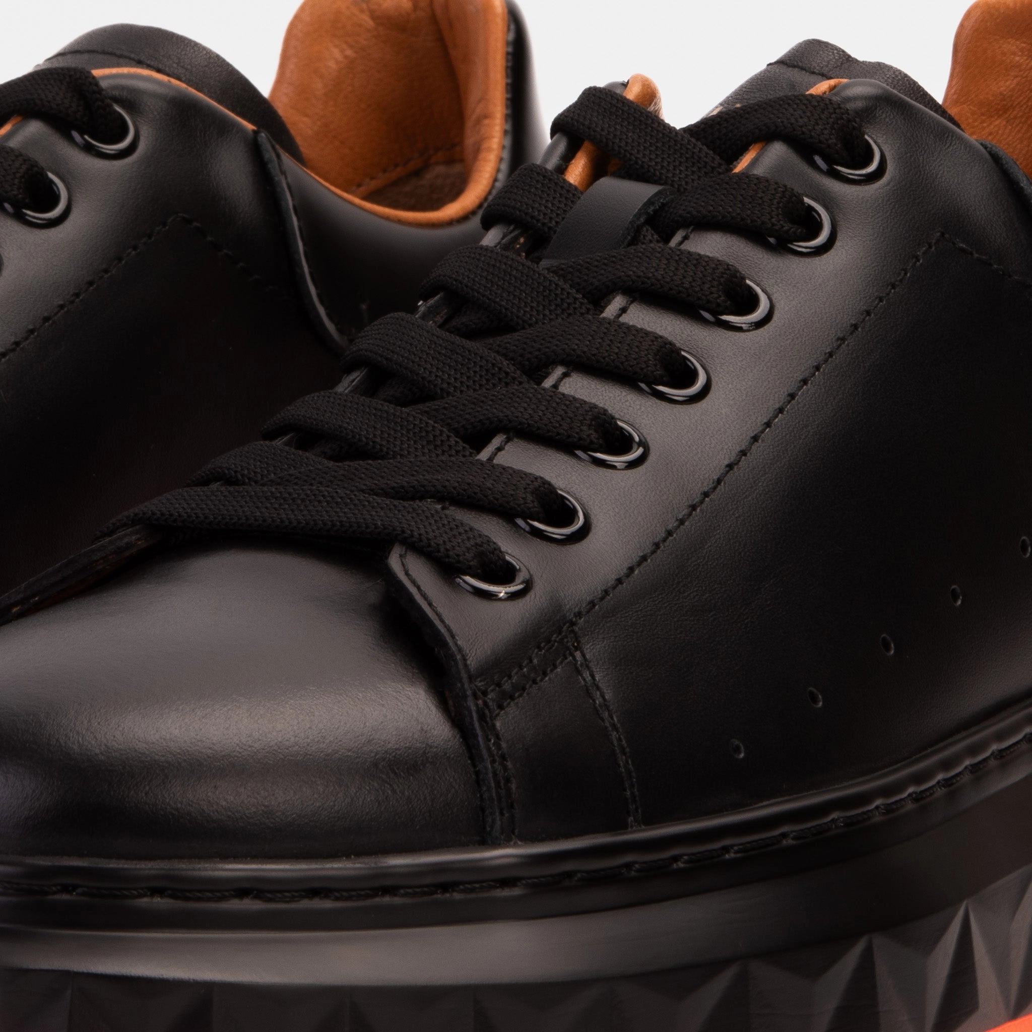 The Linq  Black & Orange Leather Men Sneaker Clean Lines Stitch Down Construction