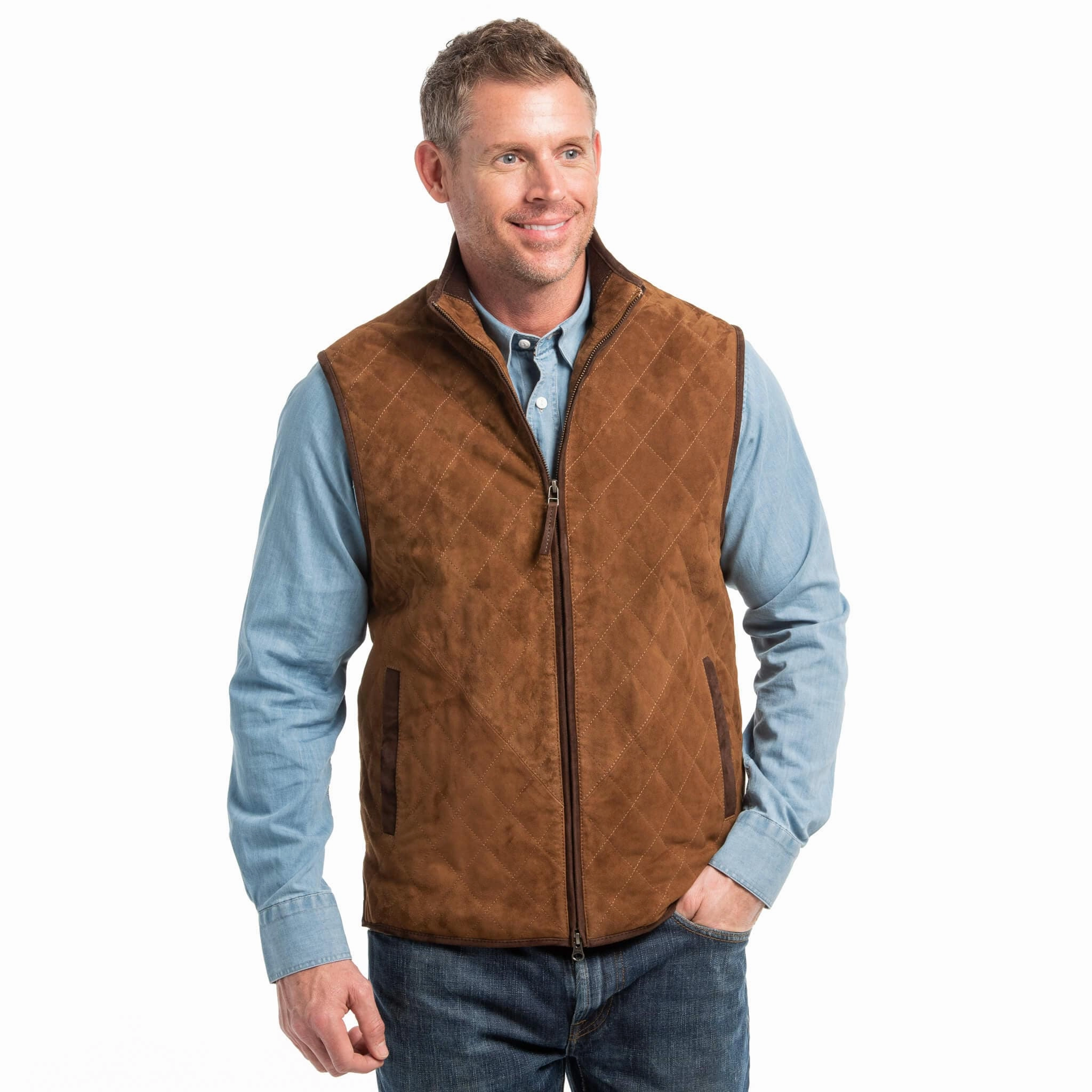 Ridgeland Diamond Quilted Lightweight Goat Suede Leather Vest- Whiskey Ultra Lightweight Design