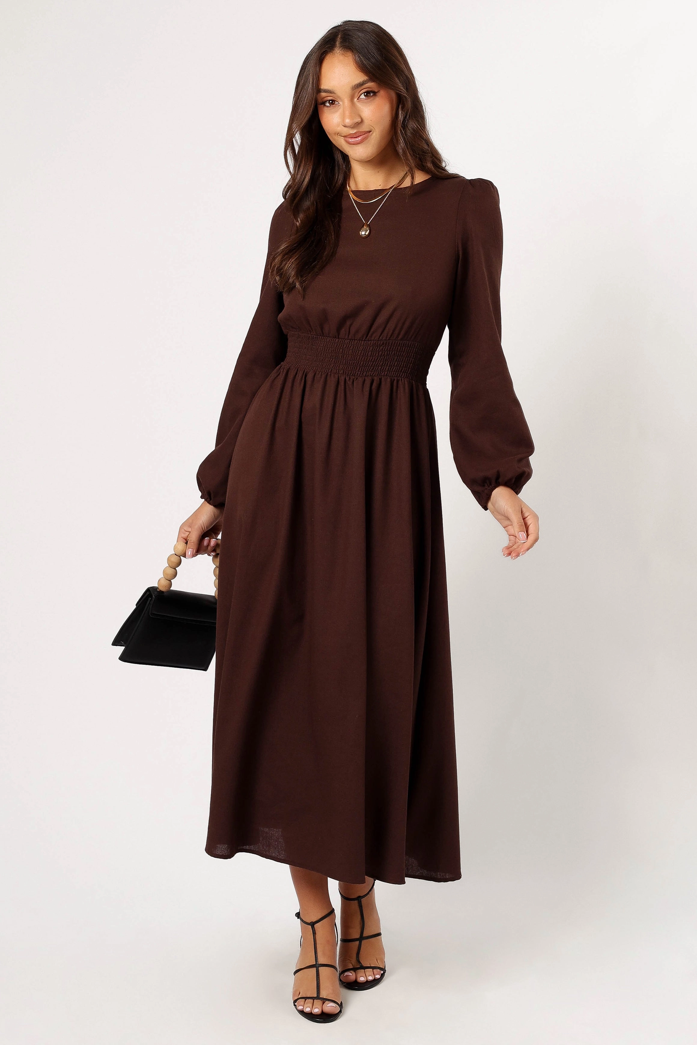 Roman Long Sleeve Maxi Dress - Brown Recycled-Material Work Vibe