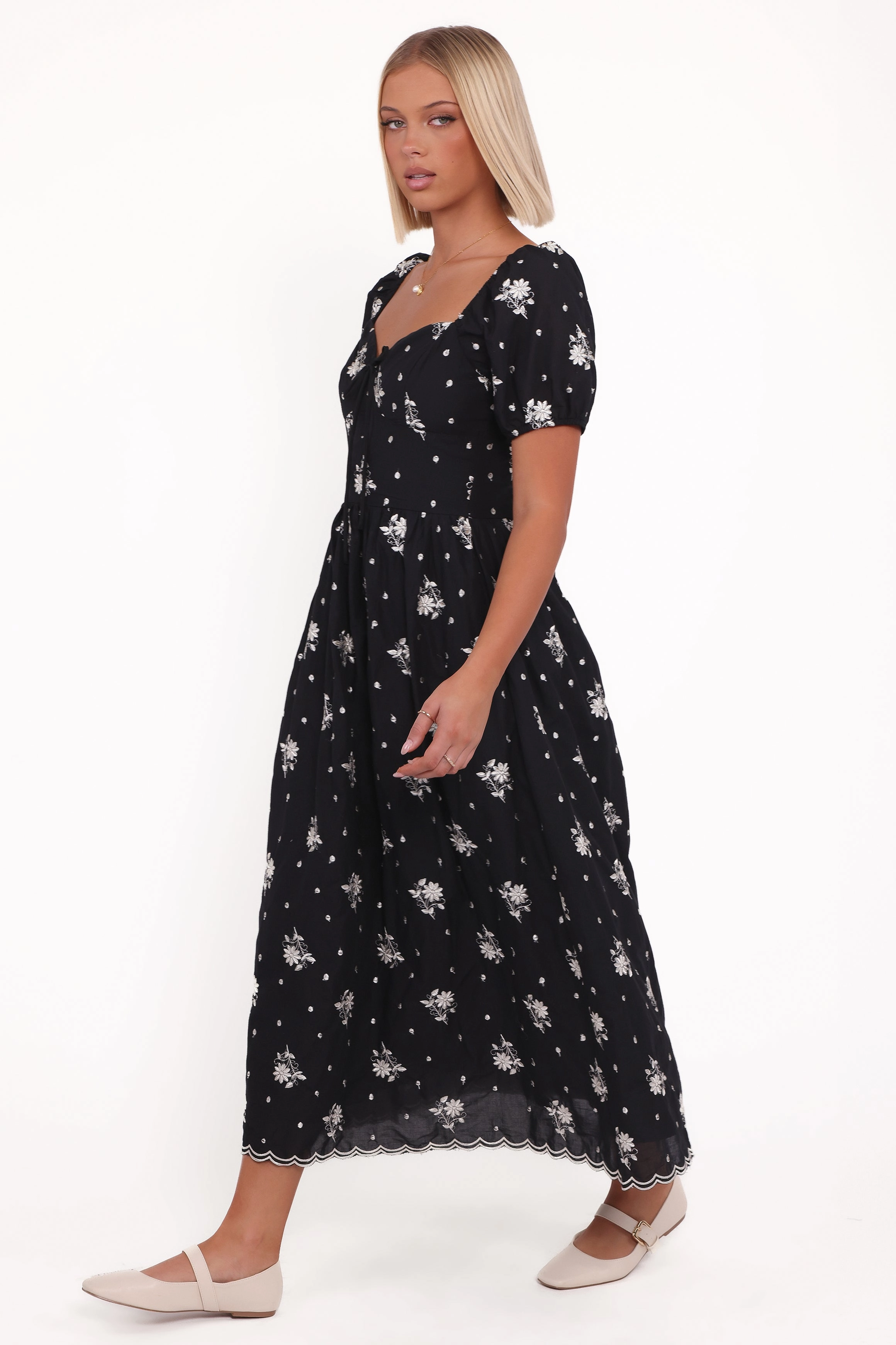 Rosemarie Midi Dress - Black Floral High Waist