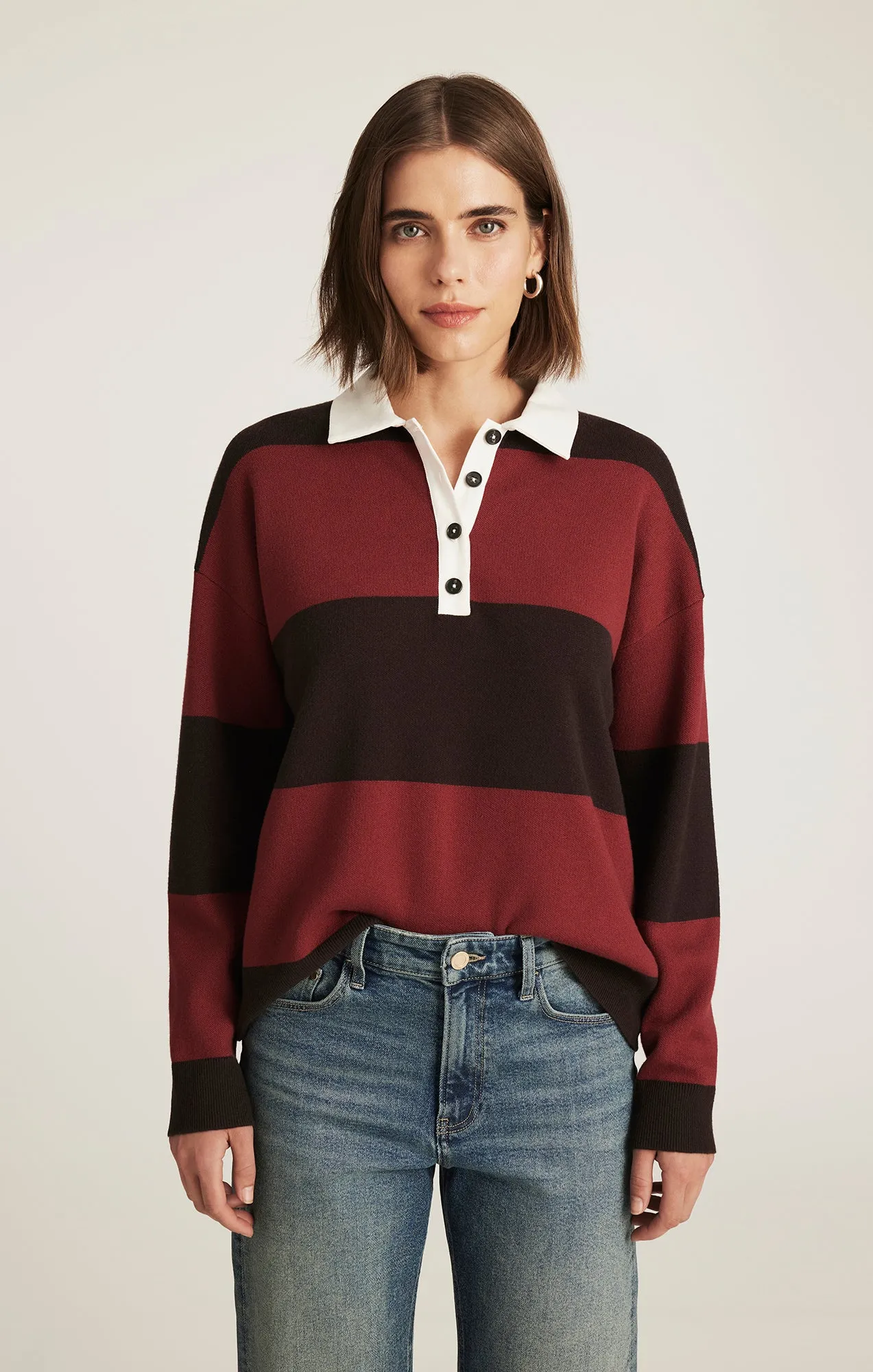 Cozy Street Style Camouflage RUGBY POLO SWEATER IN MERLOT STRIPE