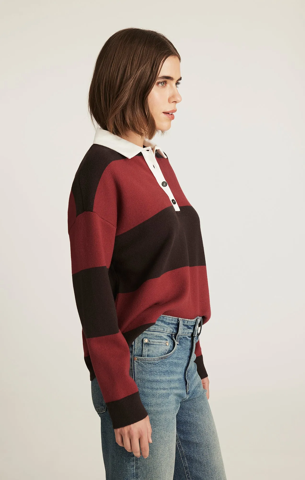 product office appropriate professionalism RUGBY POLO SWEATER IN MERLOT STRIPE