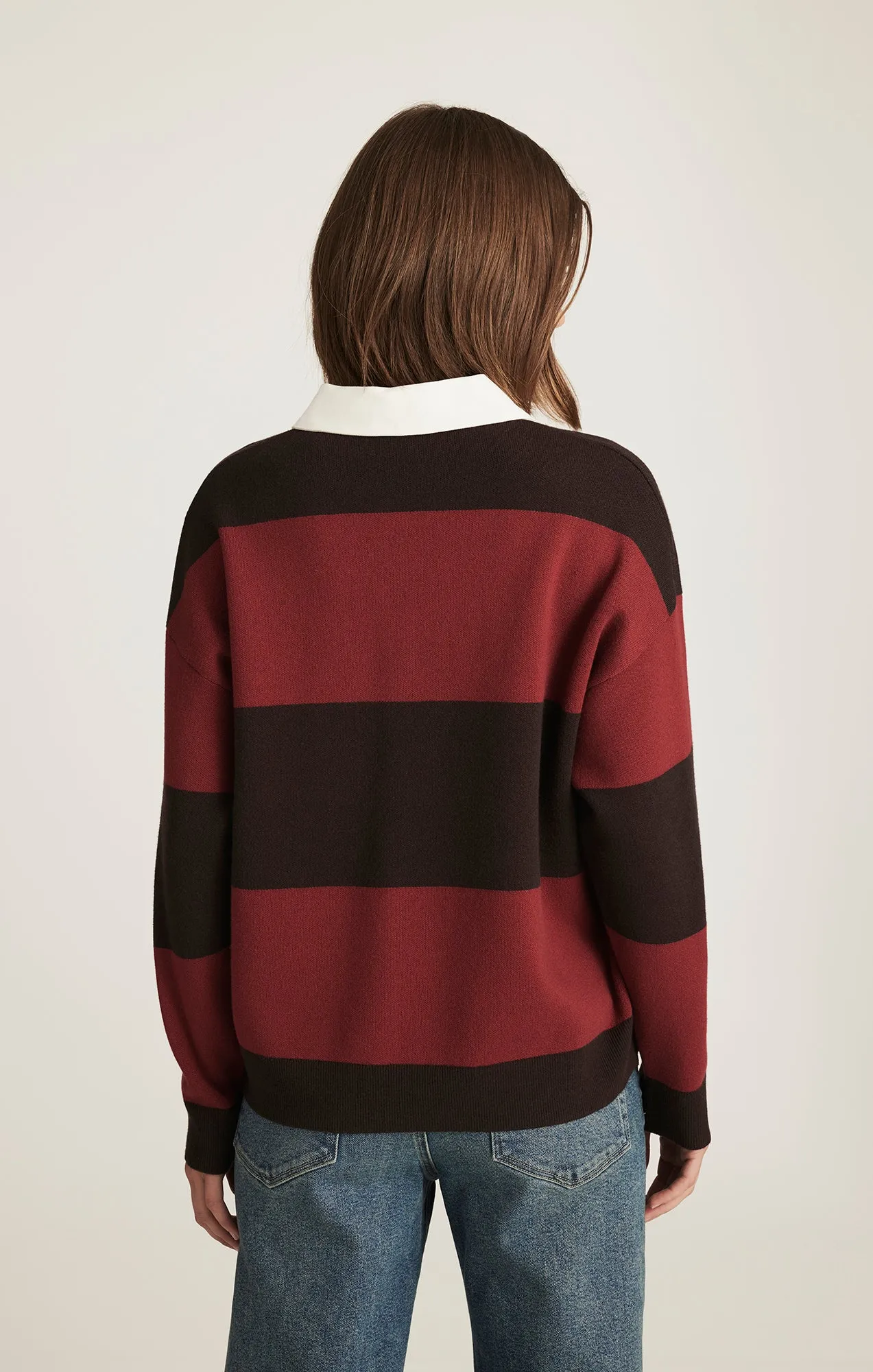 RUGBY POLO SWEATER IN MERLOT STRIPE V-Neck