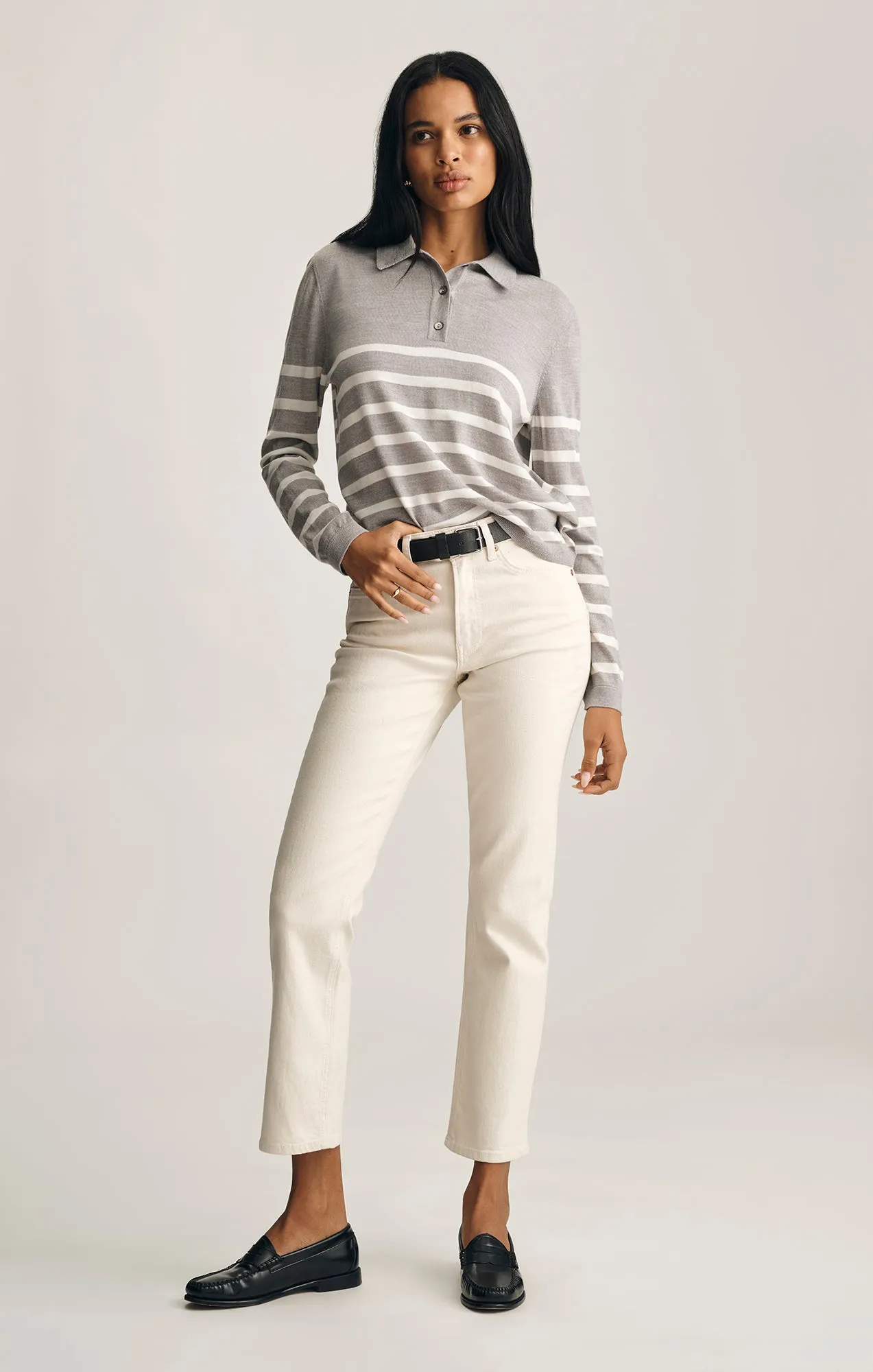 EDITION WOOL POLO SWEATER IN LIGHT GREY MELANGE STRIPE Timeless Bold