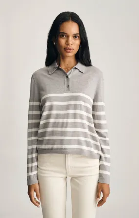 EDITION WOOL POLO SWEATER IN LIGHT GREY MELANGE STRIPE Lightweight Comfort