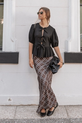 Fold Over Design Texture Focus Sandra Midi Skirt - Brown Check
