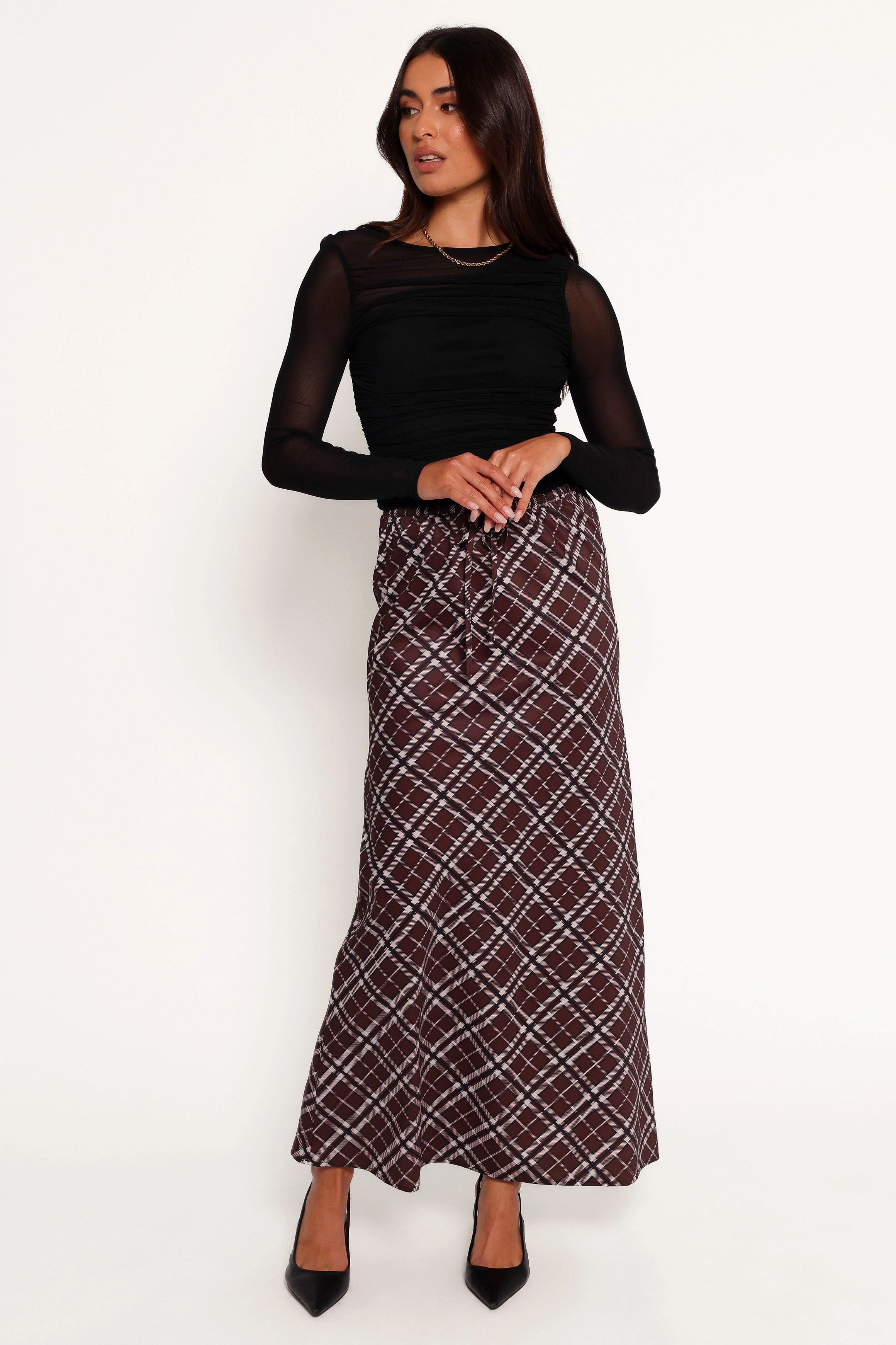 Shirred Back Sandra Midi Skirt - Brown Check