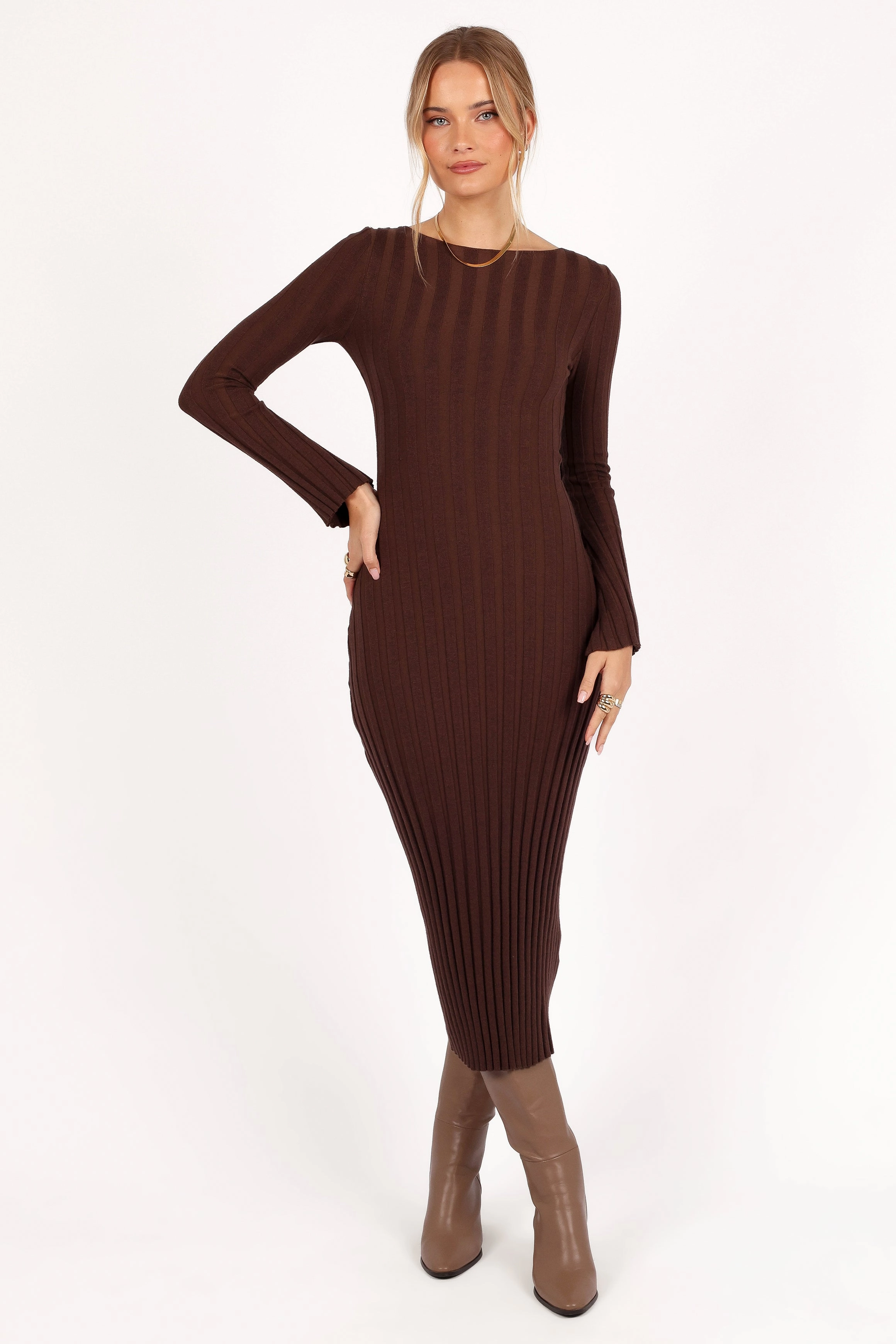 Sheer-Overlay Simple formal dress Jolene Long Sleeve Maxi Dress - Brown