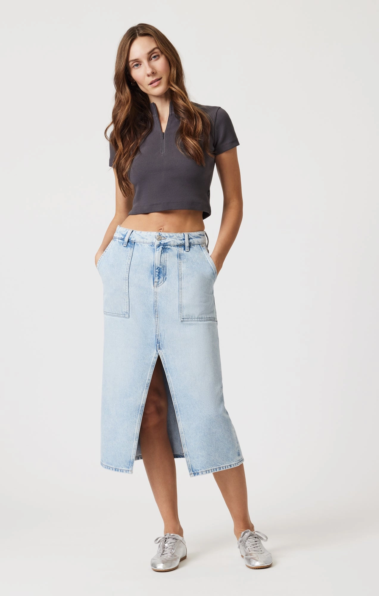 SAVINA DENIM SKIRT IN BLEACHED WELL BLUE Laser Cut Edges