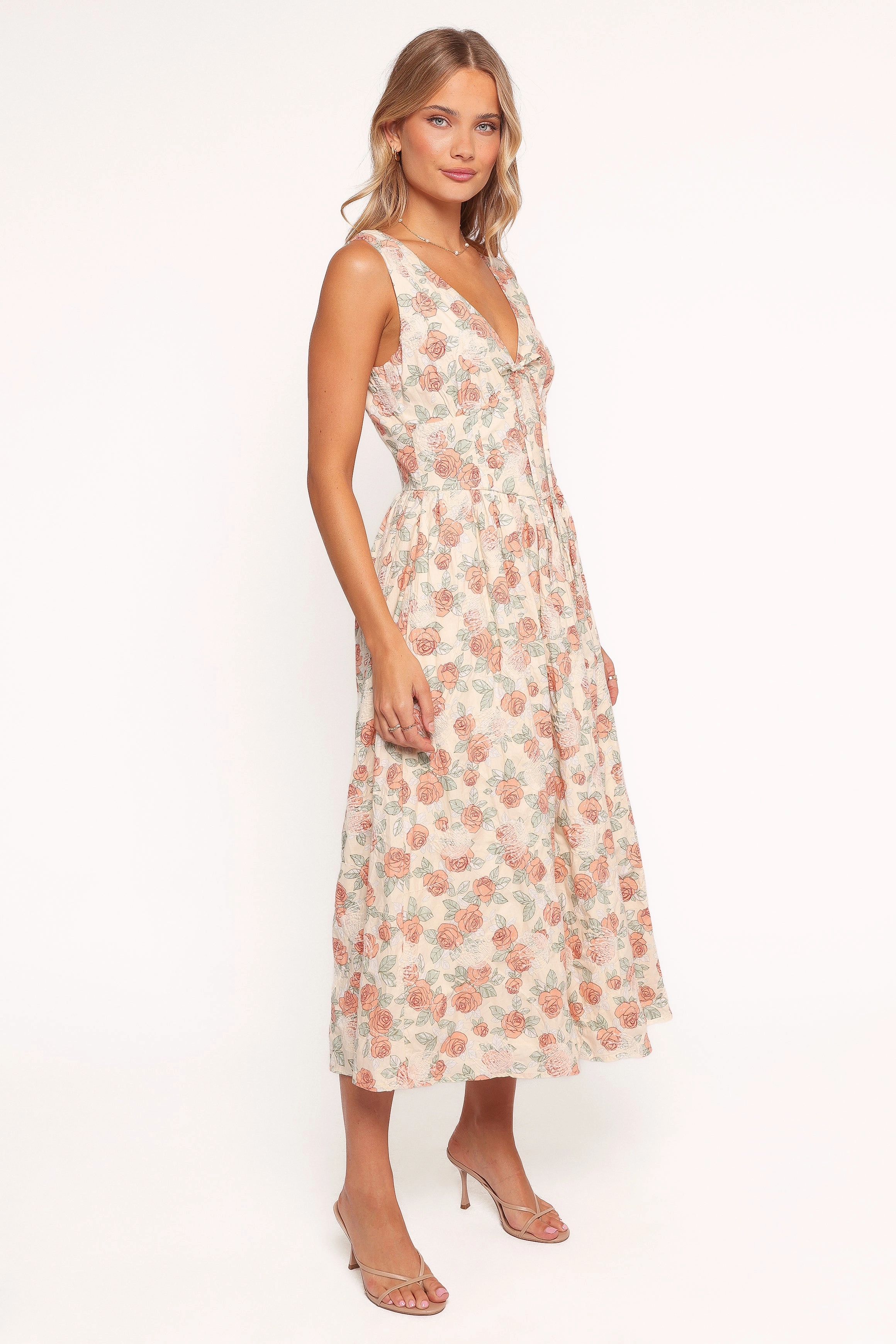 Velda Midi Dress - Pink Floral Rhinestone-Detail All-day Comfort