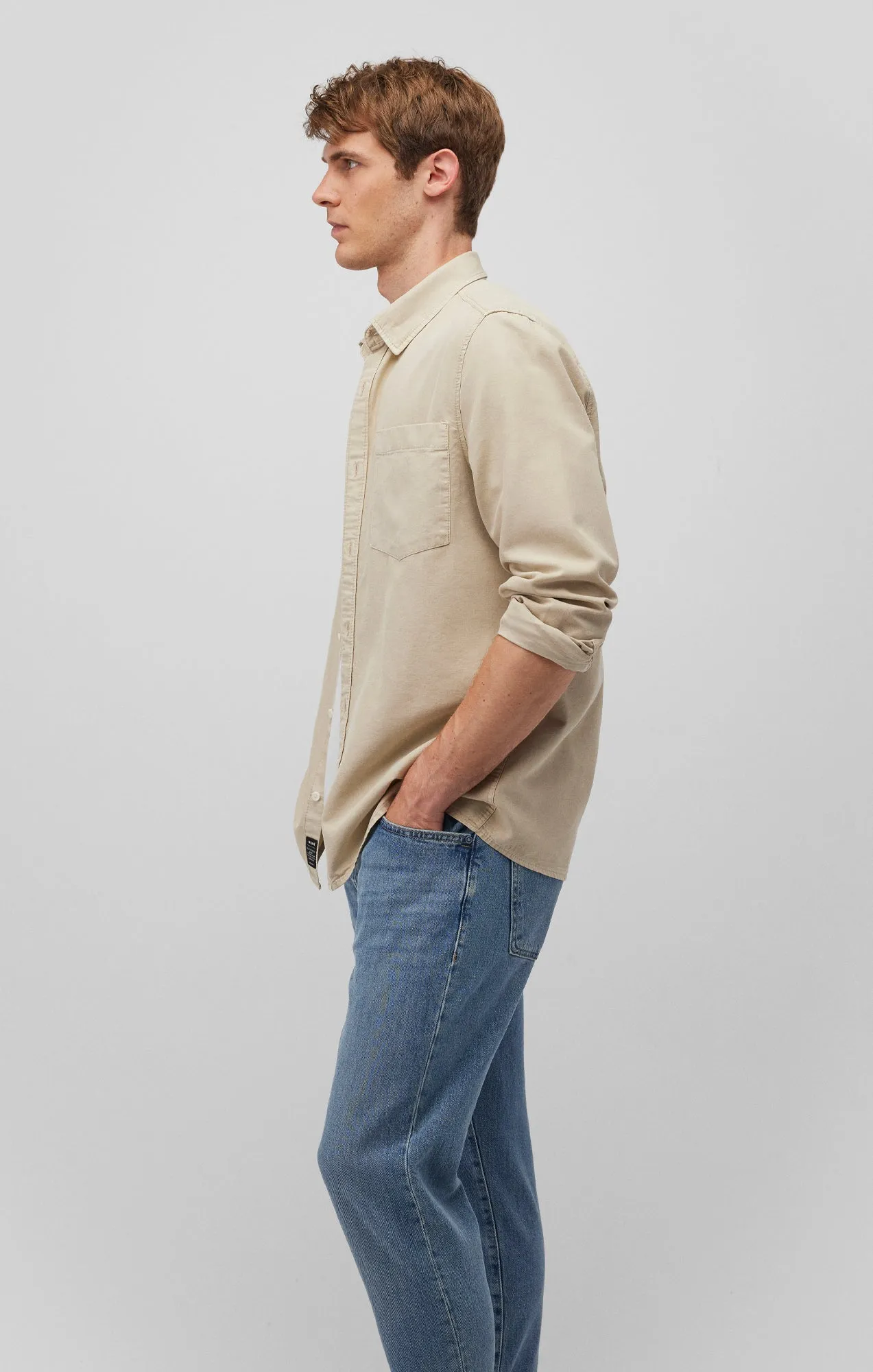 ONE POCKET BUTTON-UP SHIRT IN PELICAN Streetwear Double Stitched Hems