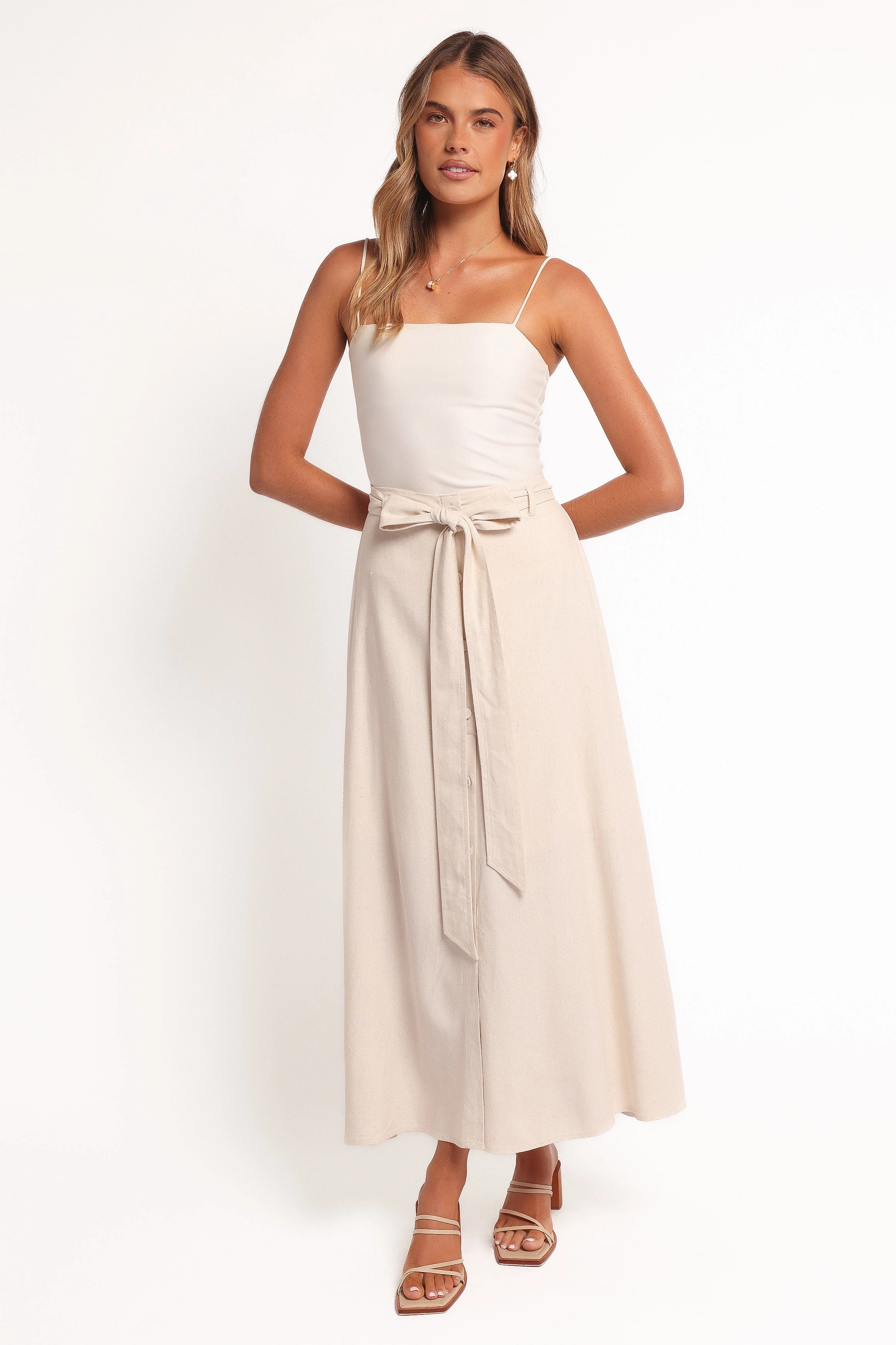 Artisanal Craft Figure Flattering Xander Tie Waist Midi Skirt - Oatmeal